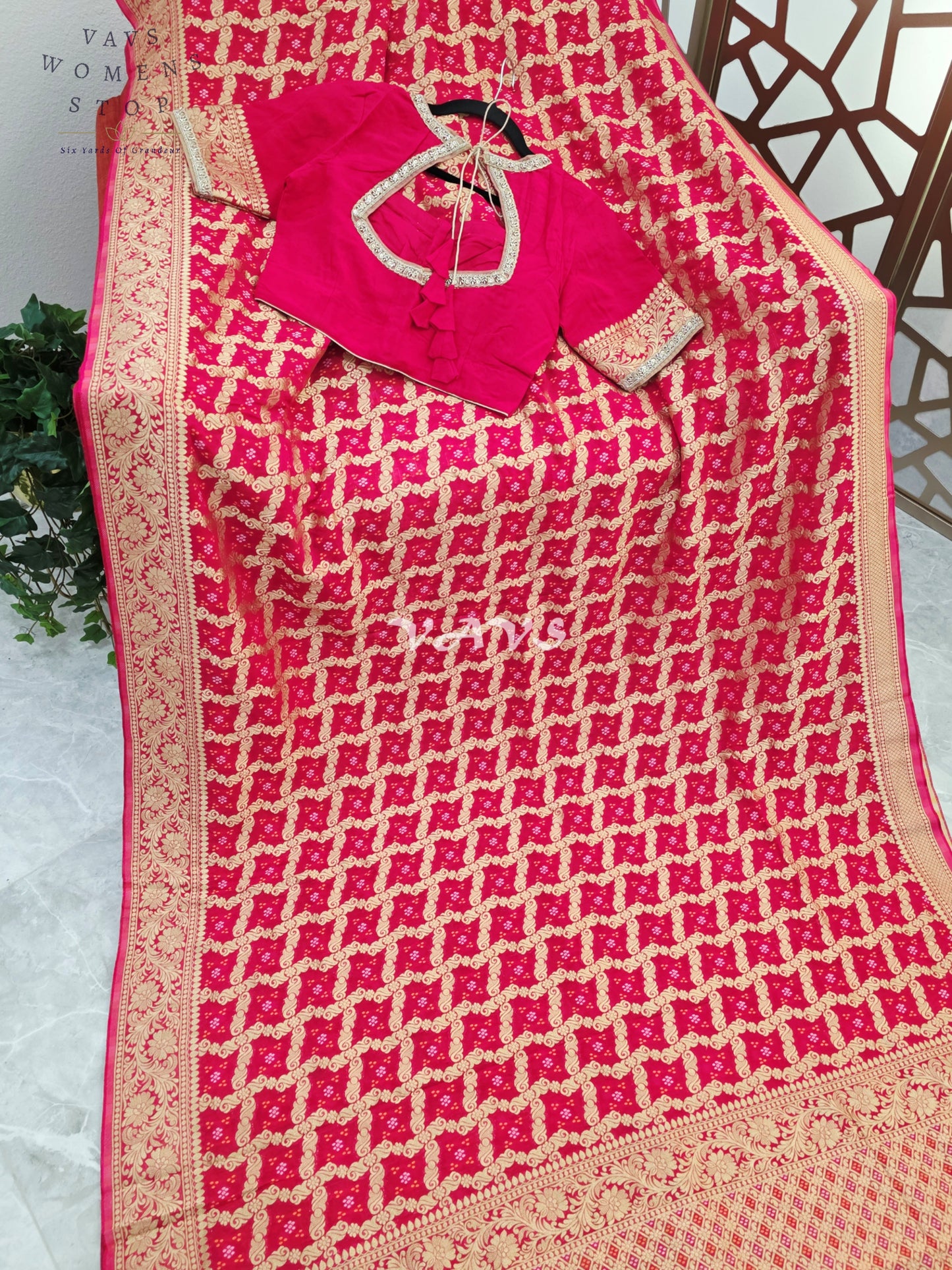 Rani Pink Viscose Georgette Gharchola Bandhani Saree with Antique Gold Zari & Stitched Blouse Size 36-42