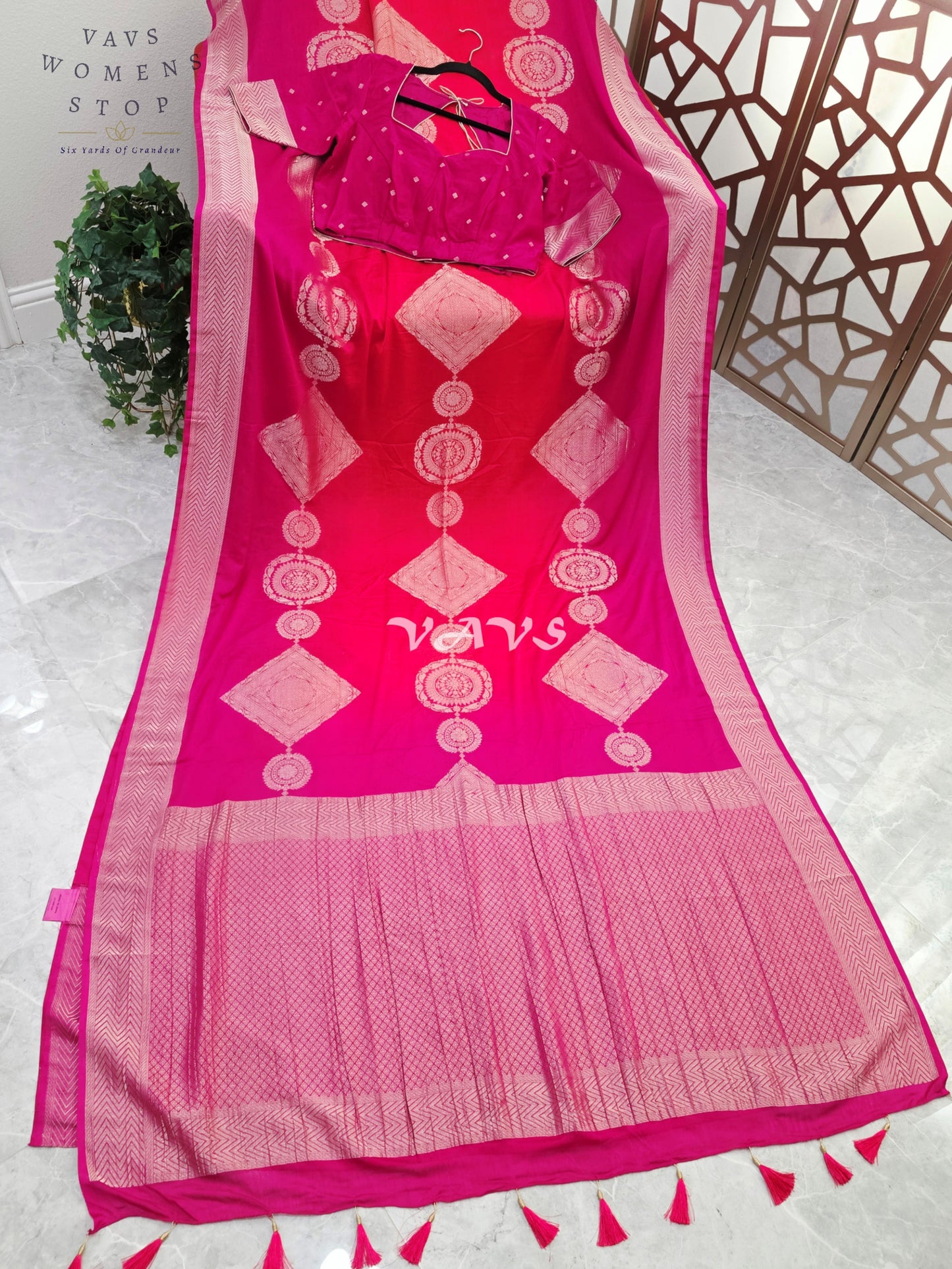 Royal Fuchsia & Coral Shaded Chiffon Saree with Rose-Gold Motifs and Stitched Blouse Size 42–48