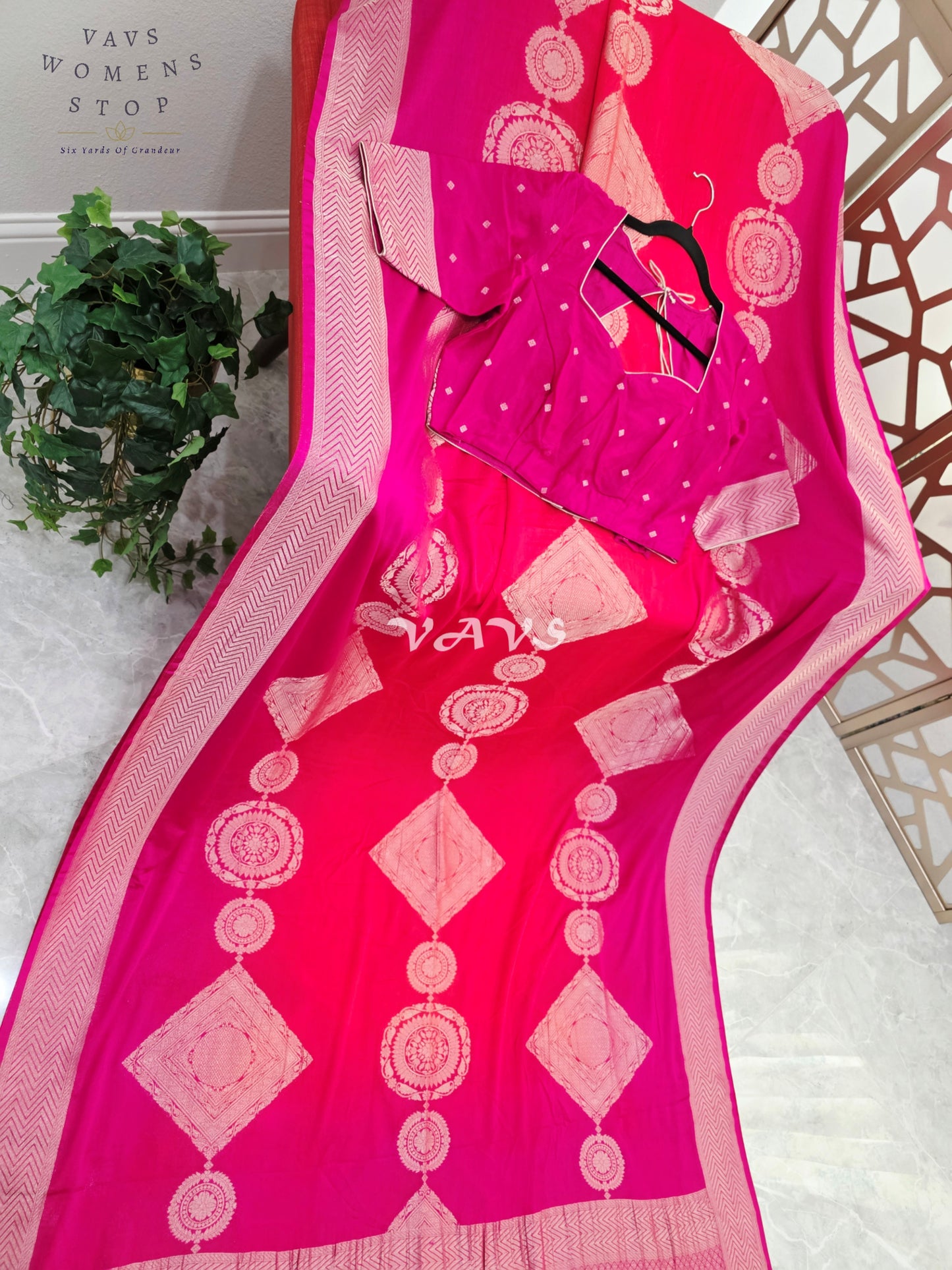 Royal Fuchsia & Coral Shaded Chiffon Saree with Rose-Gold Motifs and Stitched Blouse Size 42–48