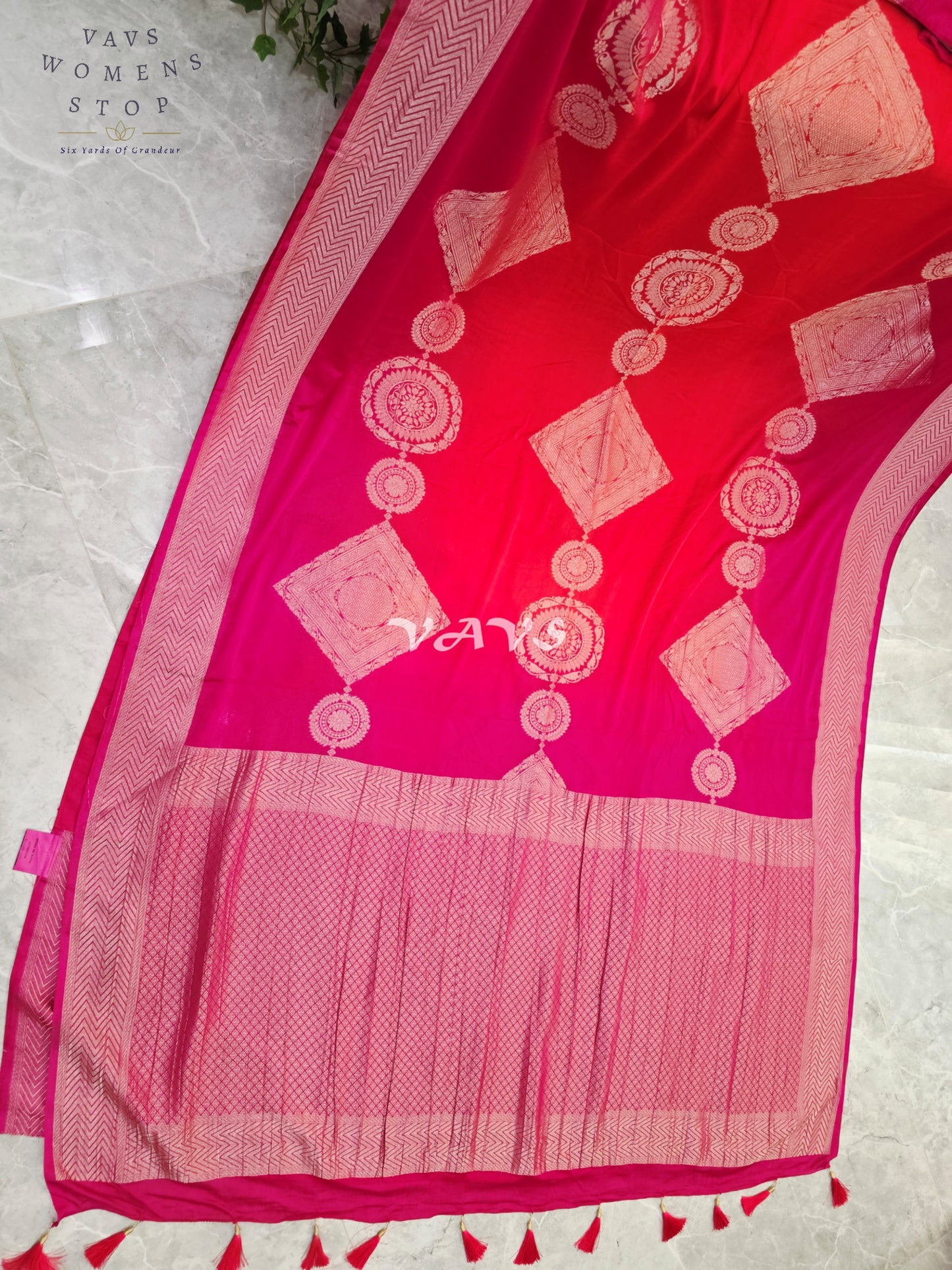 Royal Fuchsia & Coral Shaded Chiffon Saree with Rose-Gold Motifs and Stitched Blouse Size 42–48