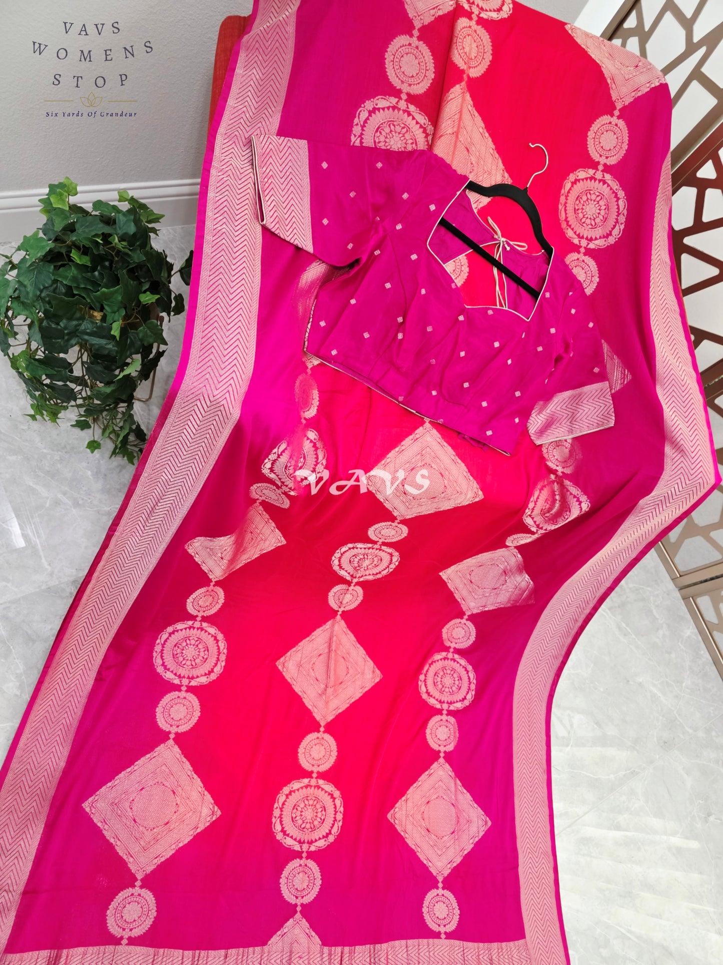 Royal Fuchsia & Coral Shaded Chiffon Saree with Rose-Gold Motifs and Stitched Blouse Size 42–48