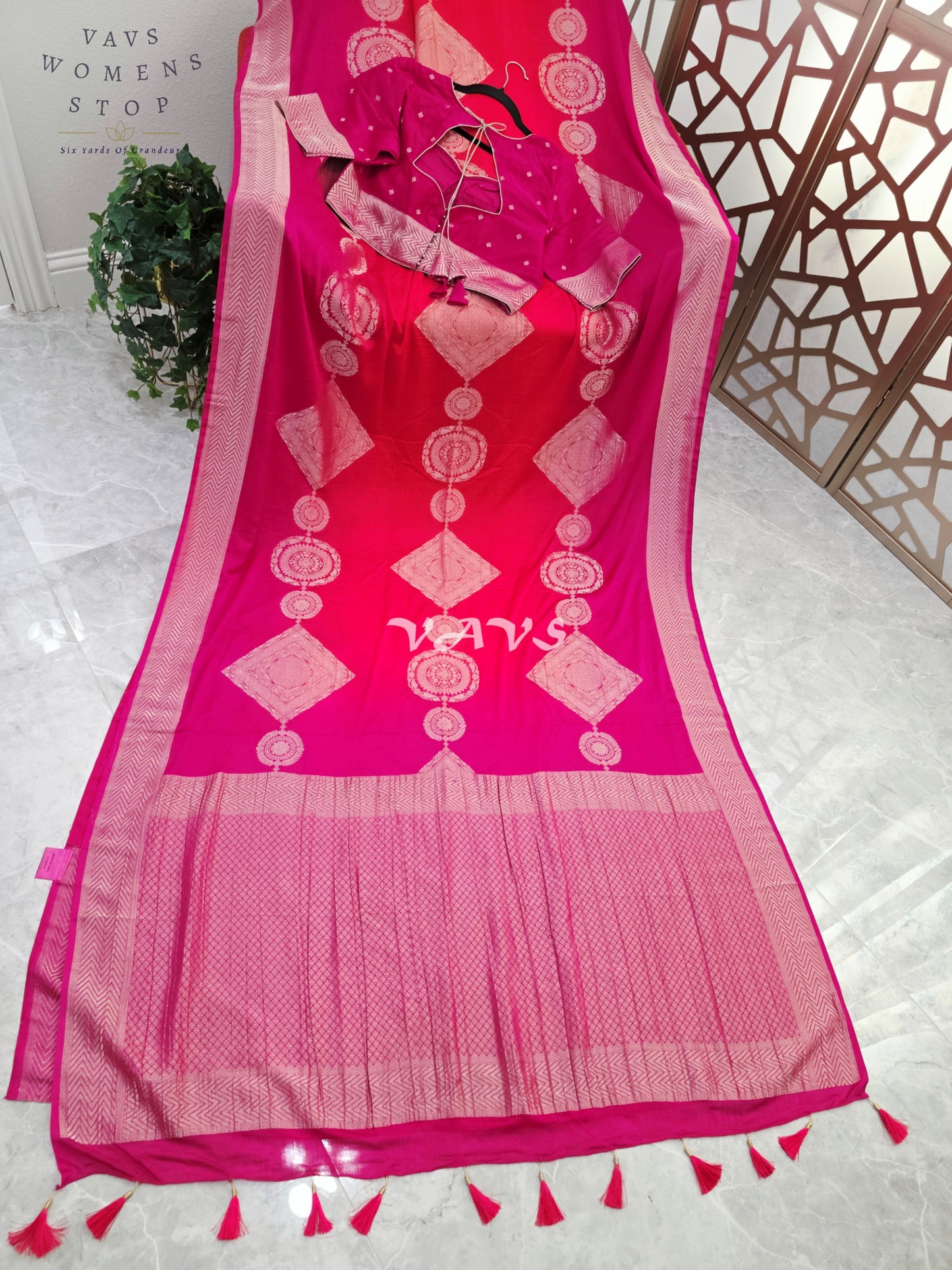 Royal Fuchsia & Coral Shaded Chiffon Saree with Rose-Gold Motifs and Stitched Blouse Size 42–48