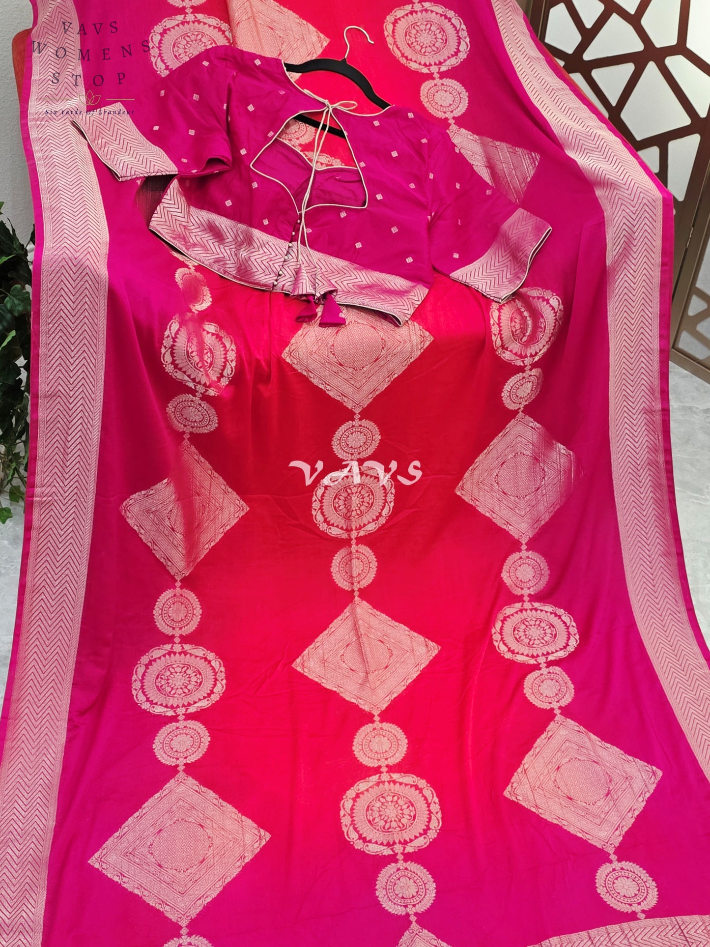 Royal Fuchsia & Coral Shaded Chiffon Saree with Rose-Gold Motifs and Stitched Blouse Size 42–48