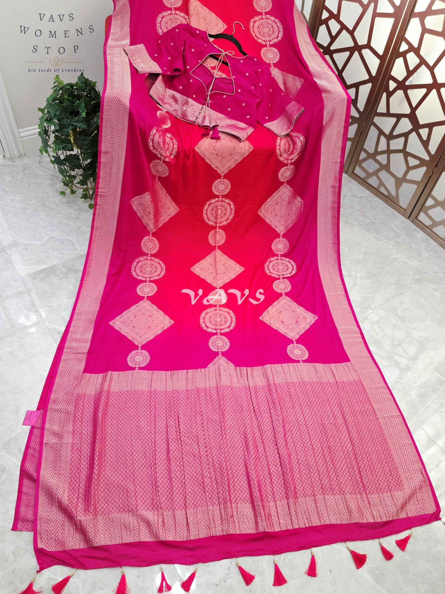 Royal Fuchsia & Coral Shaded Chiffon Saree with Rose-Gold Motifs and Stitched Blouse Size 42–48