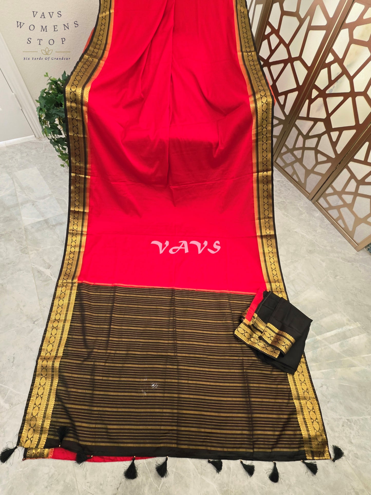Royal Vermilion Red & Black Semi Mysore Crepe Silk Saree with Gold Zari Border | Rashmika Mandanna Inspired