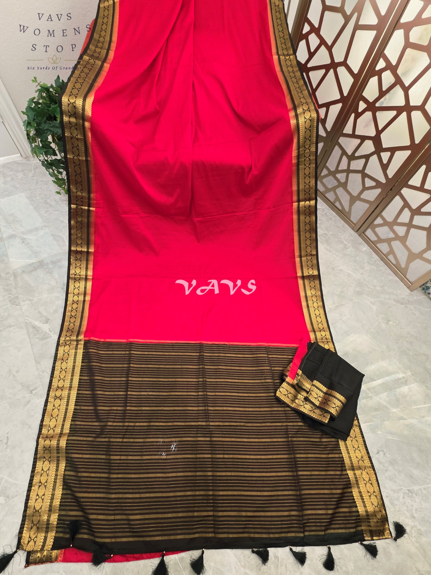 Royal Vermilion Red & Black Semi Mysore Crepe Silk Saree with Gold Zari Border | Rashmika Mandanna Inspired