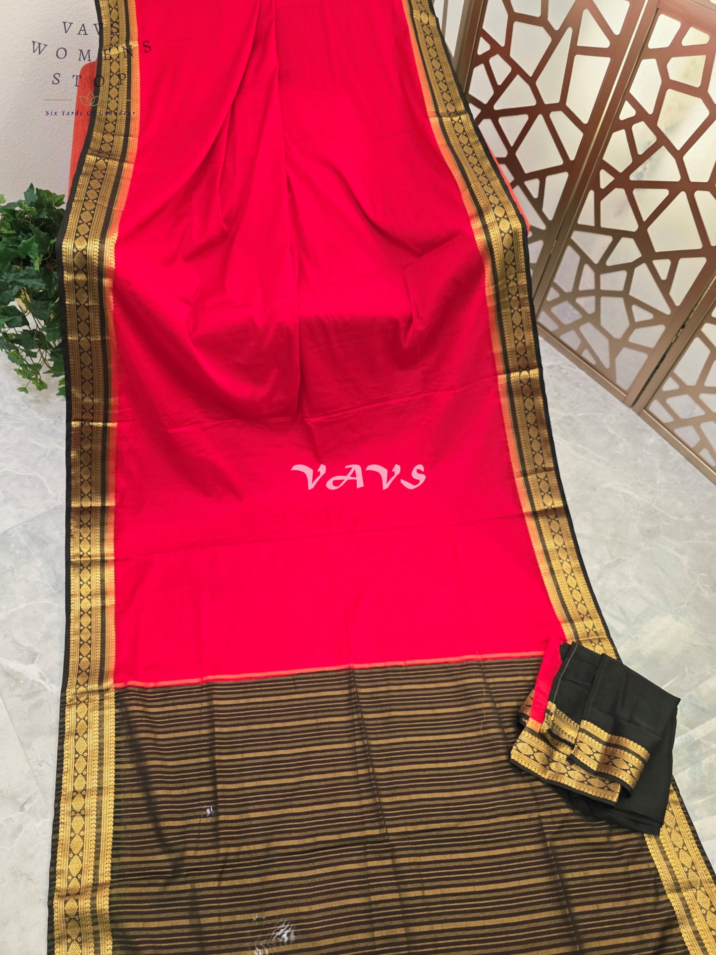 Royal Vermilion Red & Black Semi Mysore Crepe Silk Saree with Gold Zari Border | Rashmika Mandanna Inspired
