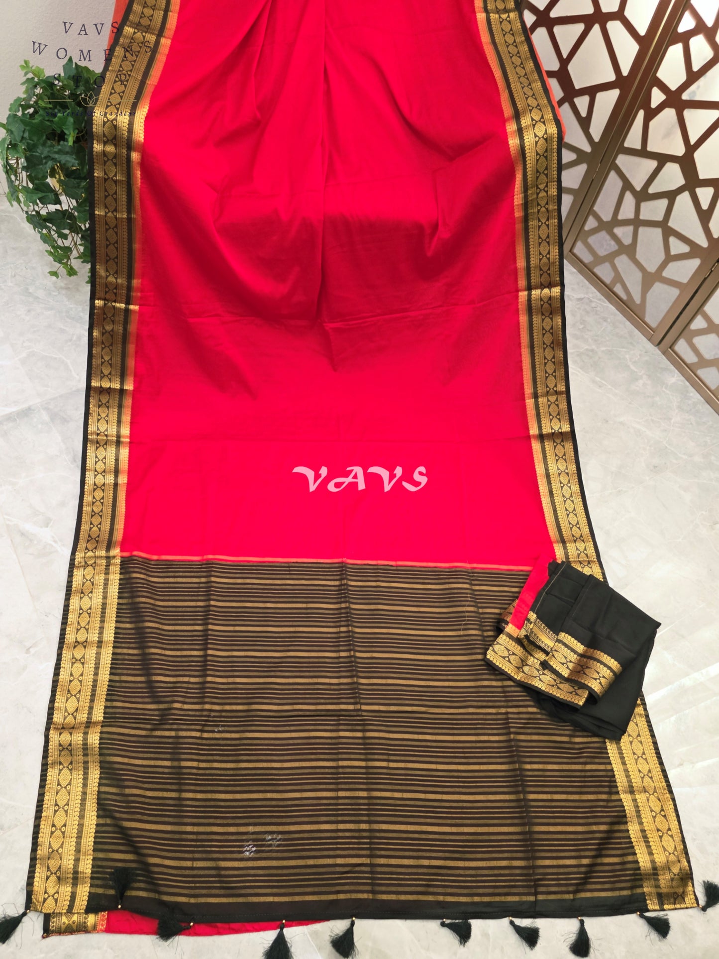 Royal Vermilion Red & Black Semi Mysore Crepe Silk Saree with Gold Zari Border | Rashmika Mandanna Inspired