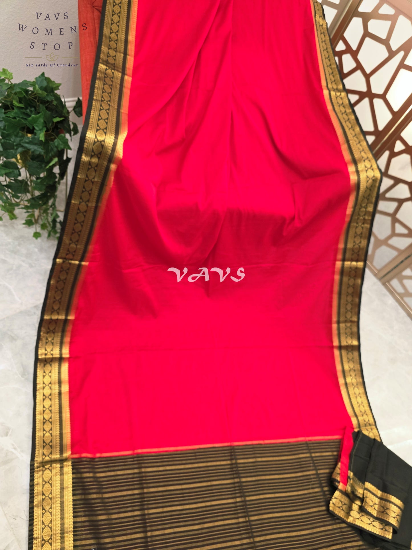 Royal Vermilion Red & Black Semi Mysore Crepe Silk Saree with Gold Zari Border | Rashmika Mandanna Inspired