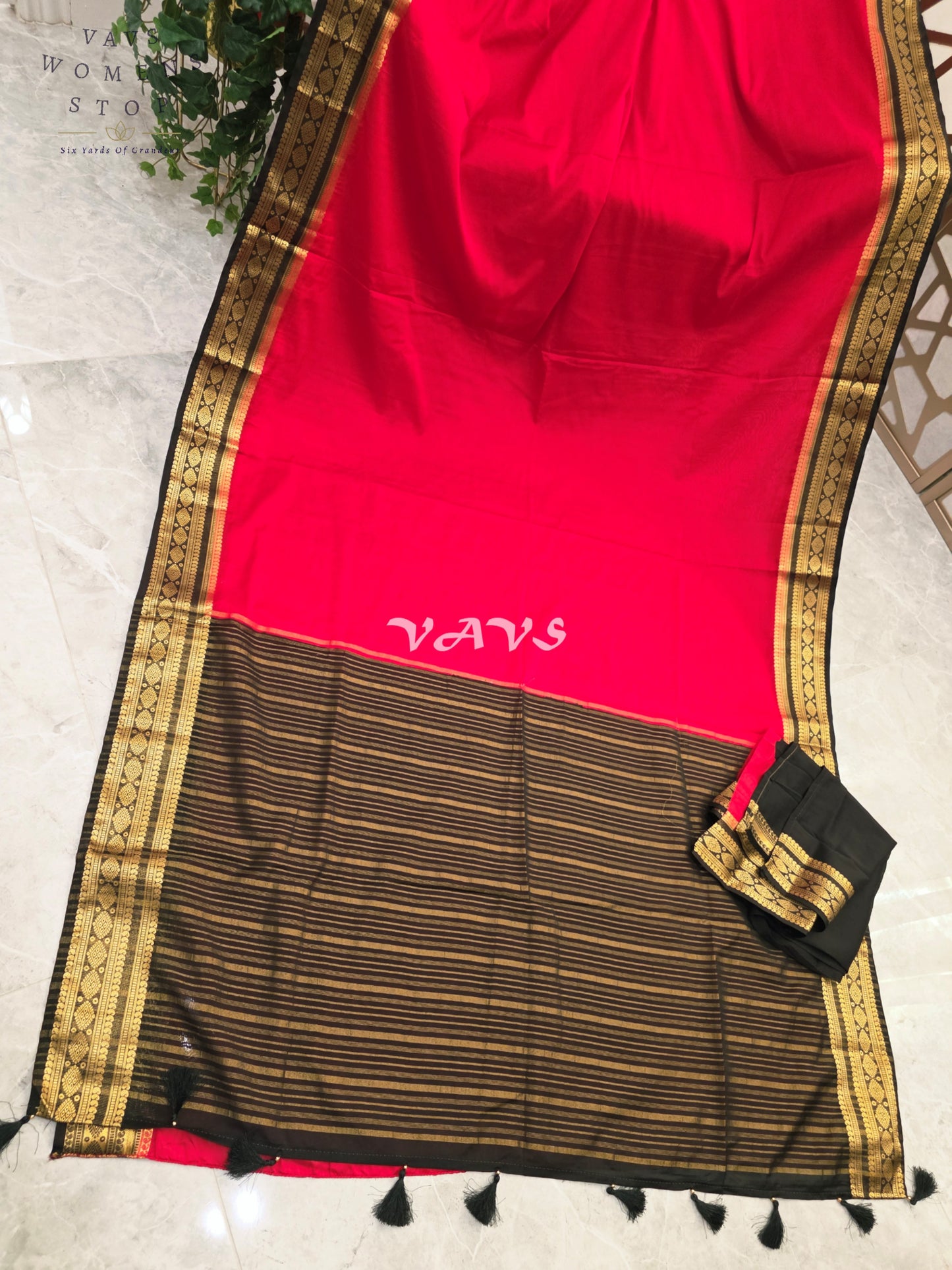 Royal Vermilion Red & Black Semi Mysore Crepe Silk Saree with Gold Zari Border | Rashmika Mandanna Inspired