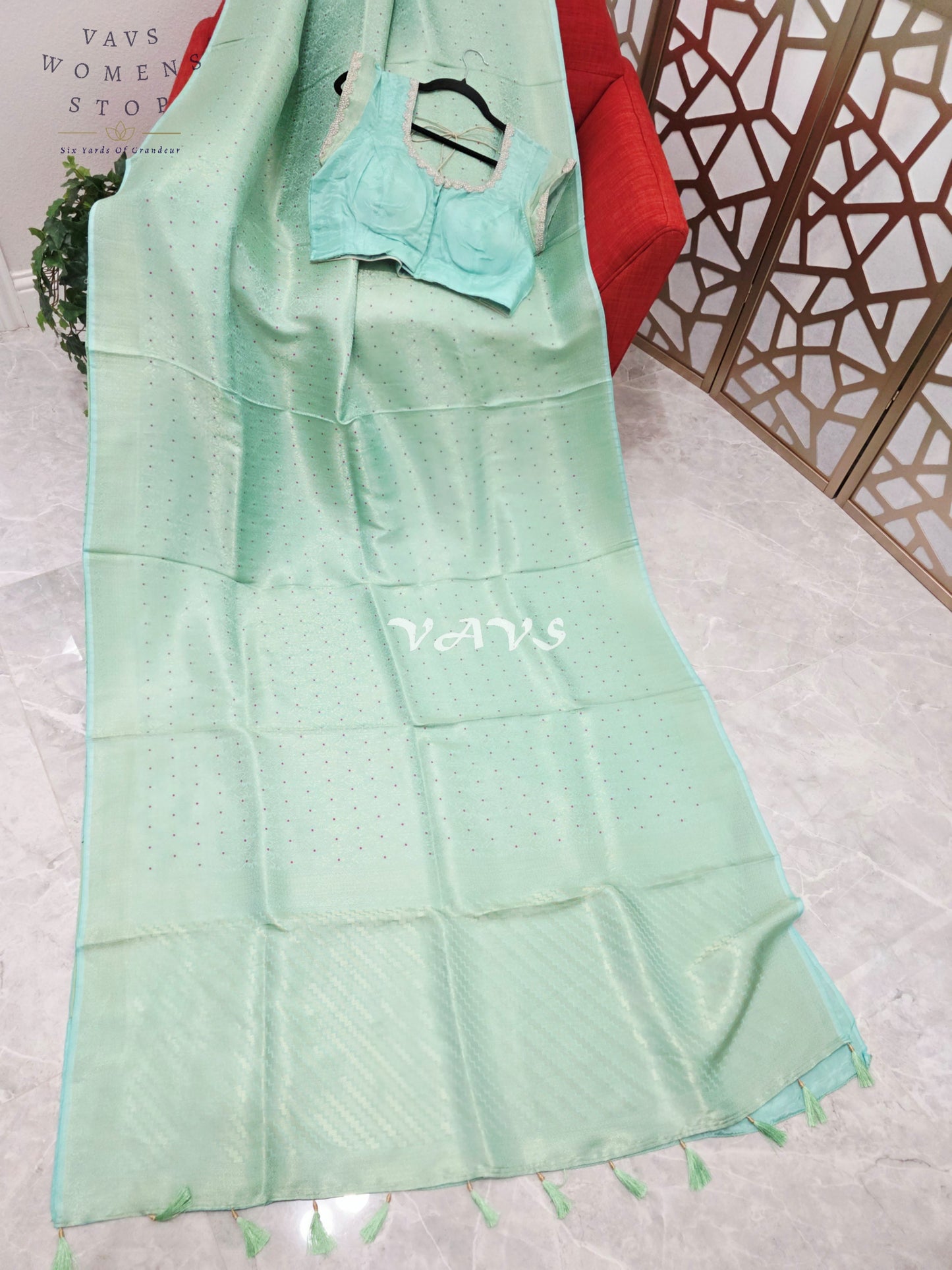 Pistachio Mint H.O Crepe Silk Saree with Magenta Micro-Dot Design & Designer Stitched Blouse Size 42–48
