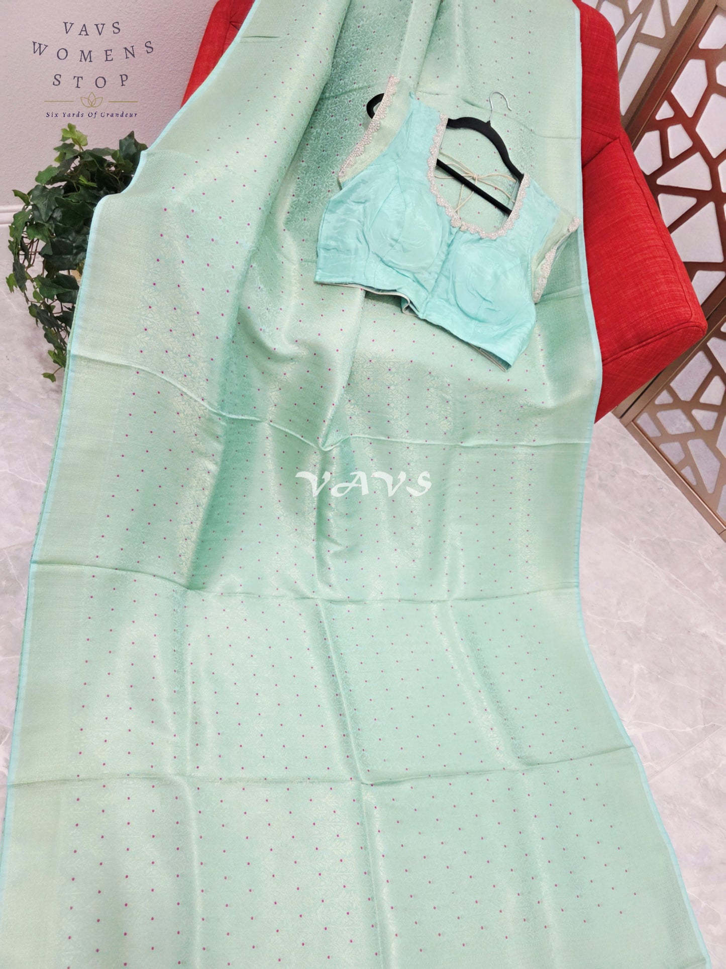 Pistachio Mint H.O Crepe Silk Saree with Magenta Micro-Dot Design & Designer Stitched Blouse Size 42–48
