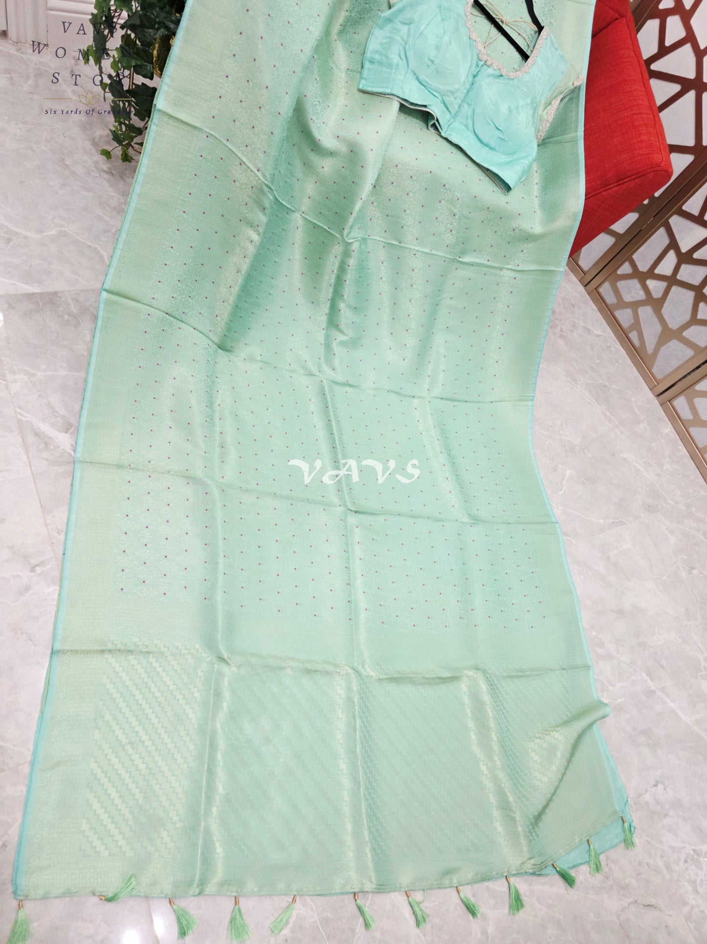Pistachio Mint H.O Crepe Silk Saree with Magenta Micro-Dot Design & Designer Stitched Blouse Size 42–48