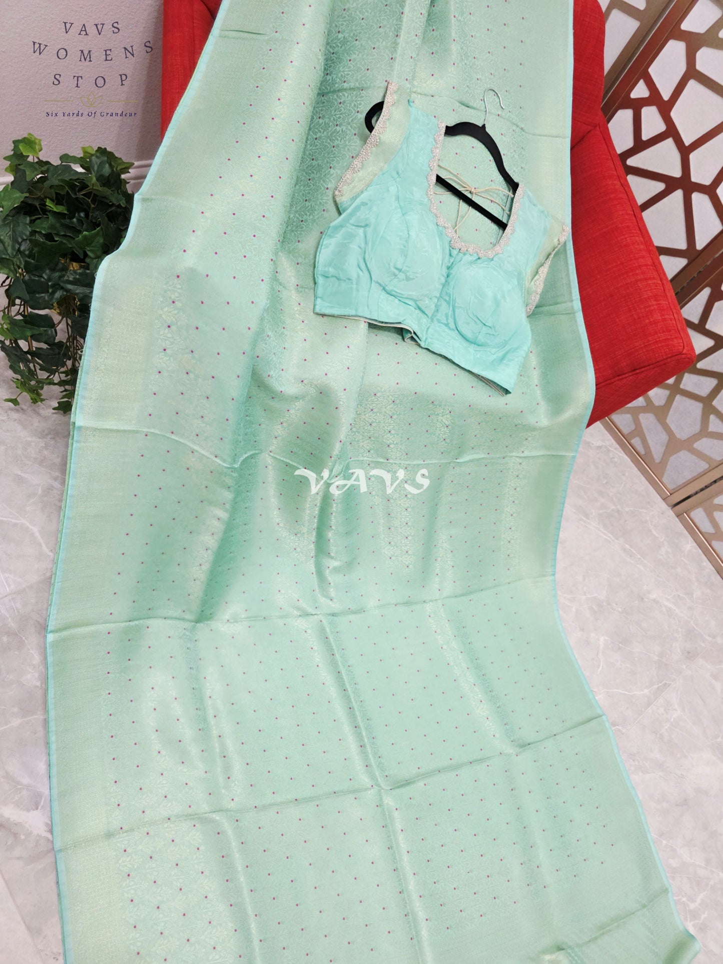 Pistachio Mint H.O Crepe Silk Saree with Magenta Micro-Dot Design & Designer Stitched Blouse Size 42–48