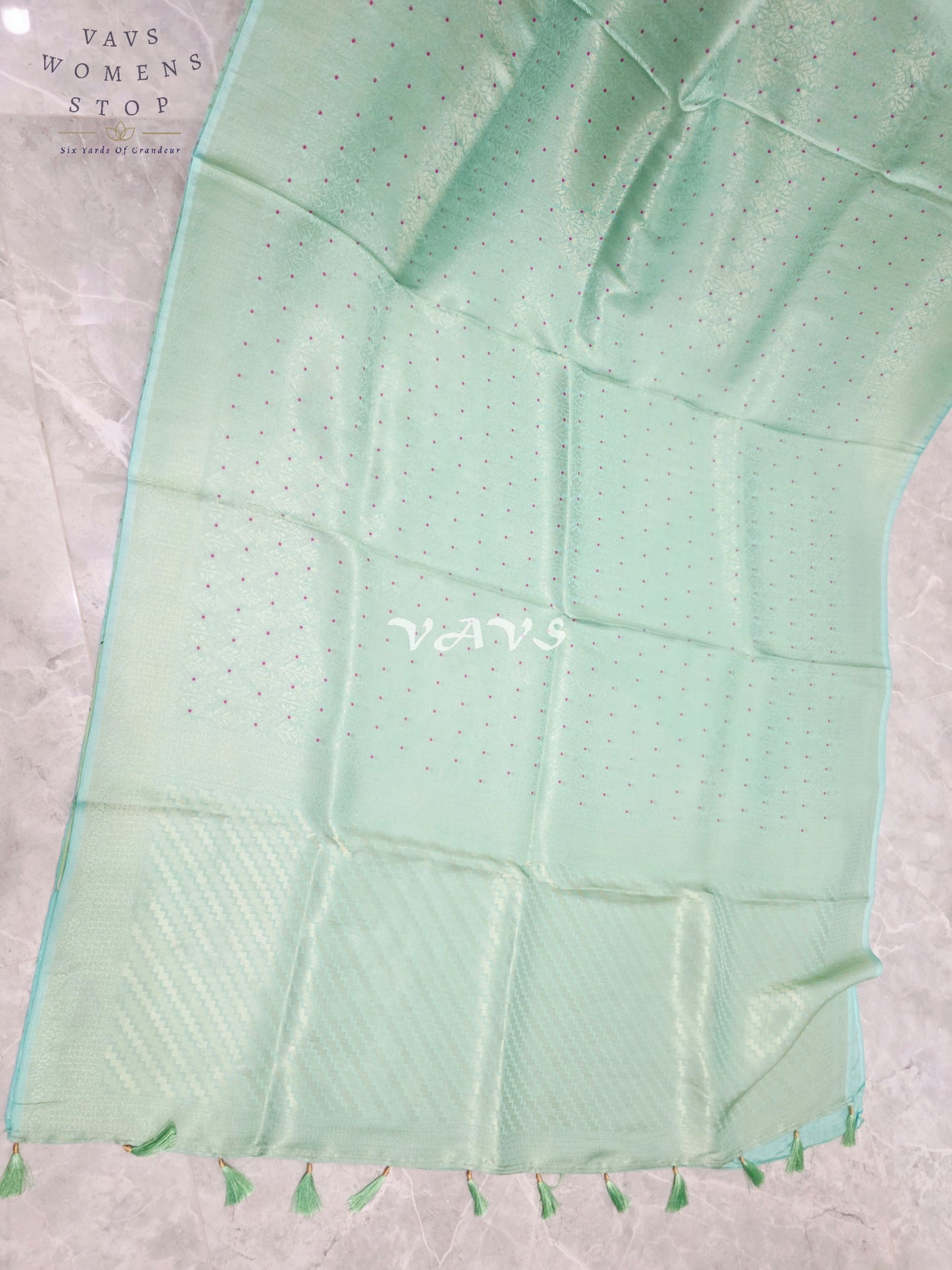 Pistachio Mint H.O Crepe Silk Saree with Magenta Micro-Dot Design & Designer Stitched Blouse Size 42–48