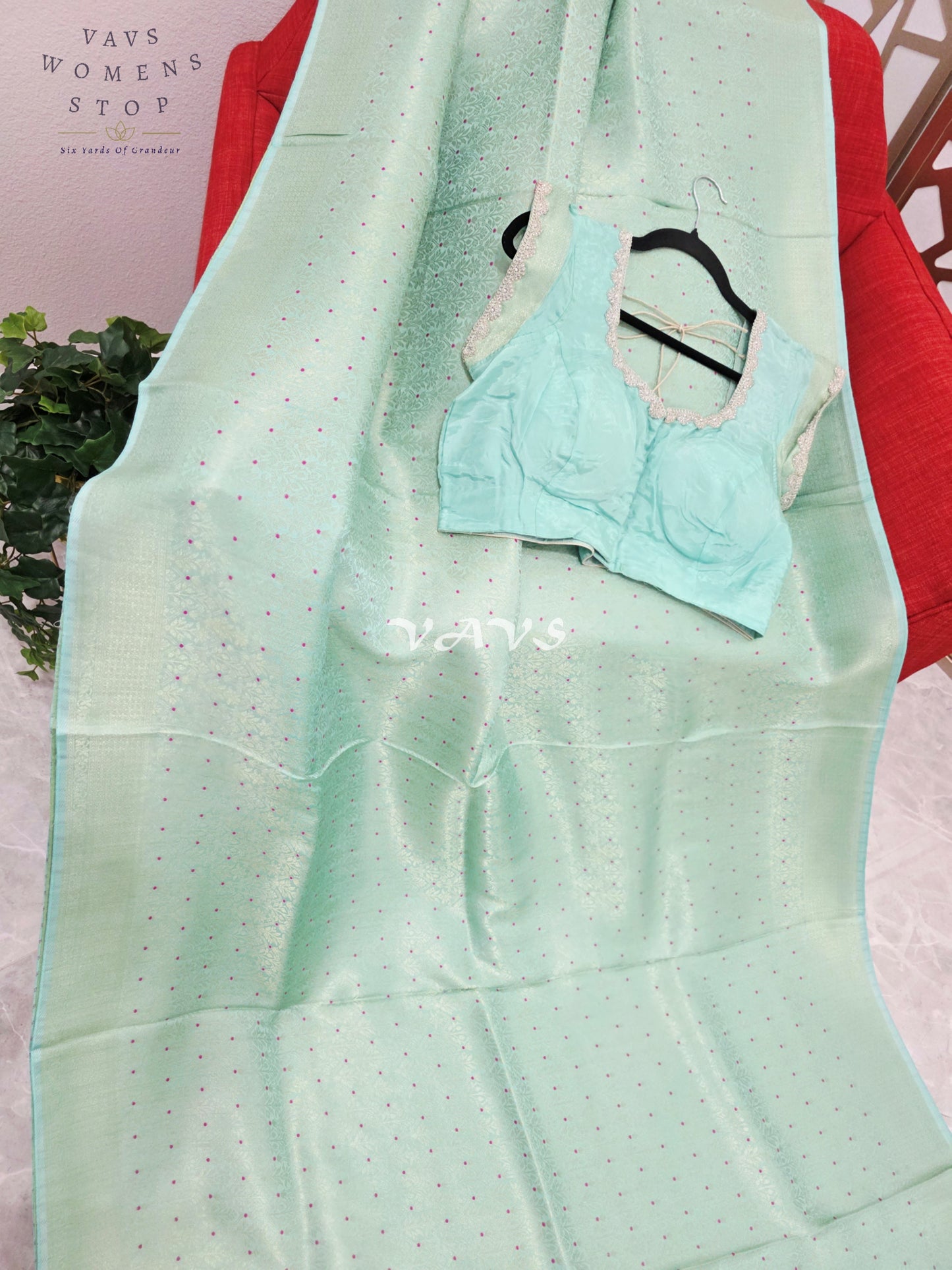 Pistachio Mint H.O Crepe Silk Saree with Magenta Micro-Dot Design & Designer Stitched Blouse Size 42–48