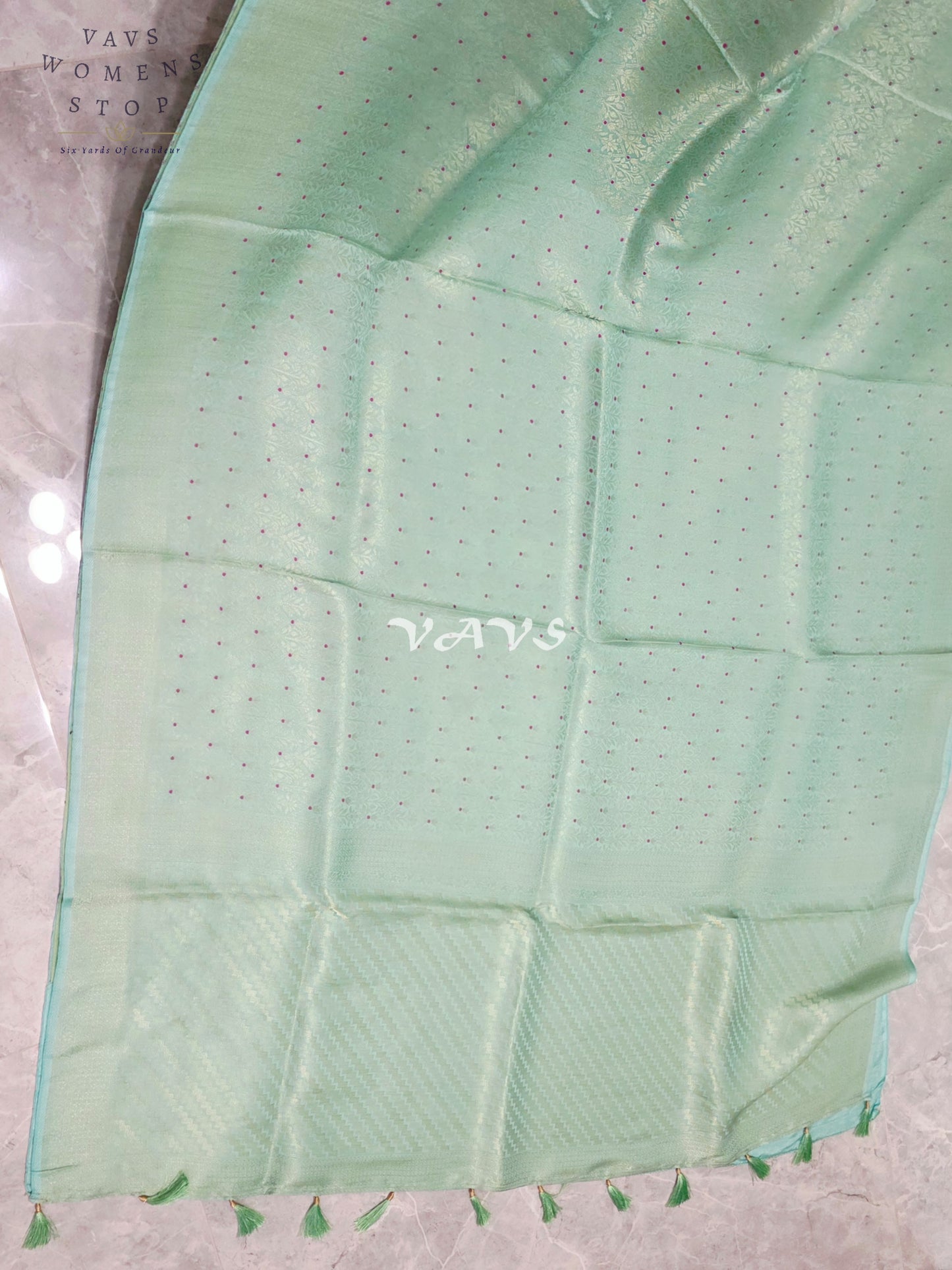 Pistachio Mint H.O Crepe Silk Saree with Magenta Micro-Dot Design & Designer Stitched Blouse Size 42–48