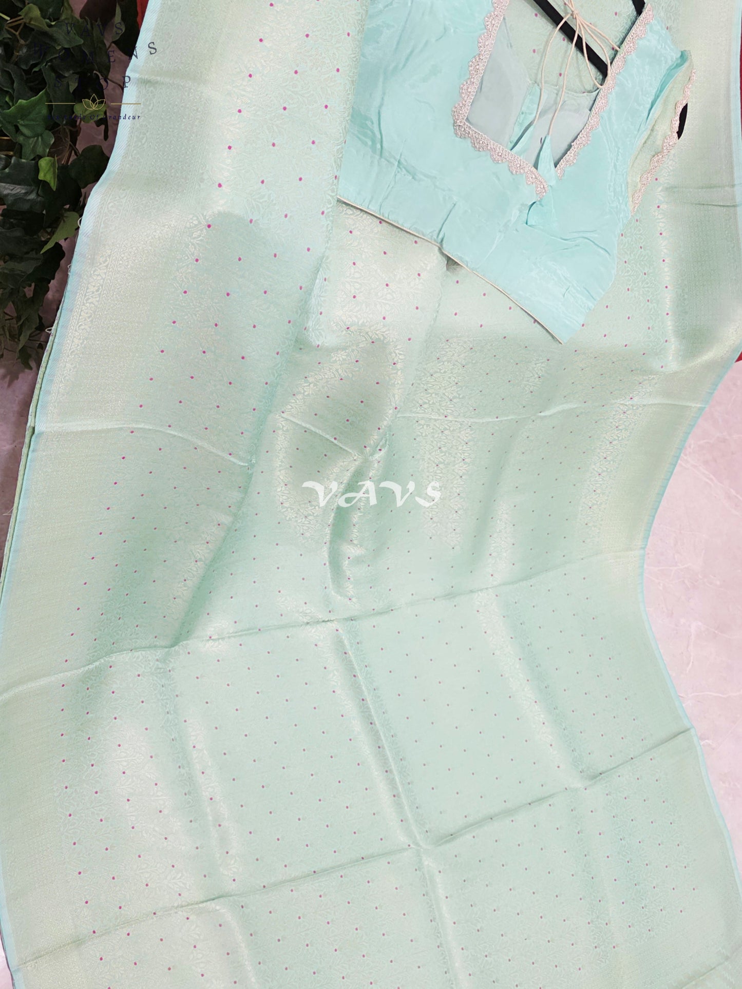 Pistachio Mint H.O Crepe Silk Saree with Magenta Micro-Dot Design & Designer Stitched Blouse Size 42–48