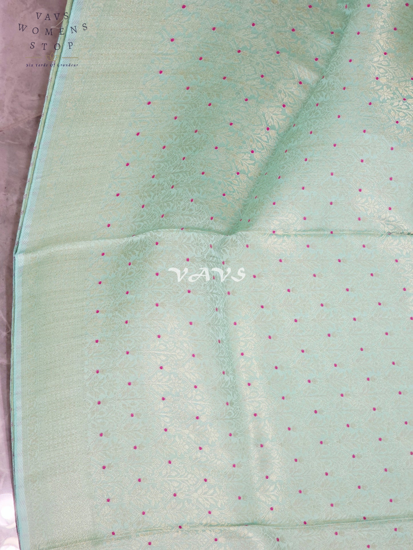 Pistachio Mint H.O Crepe Silk Saree with Magenta Micro-Dot Design & Designer Stitched Blouse Size 42–48