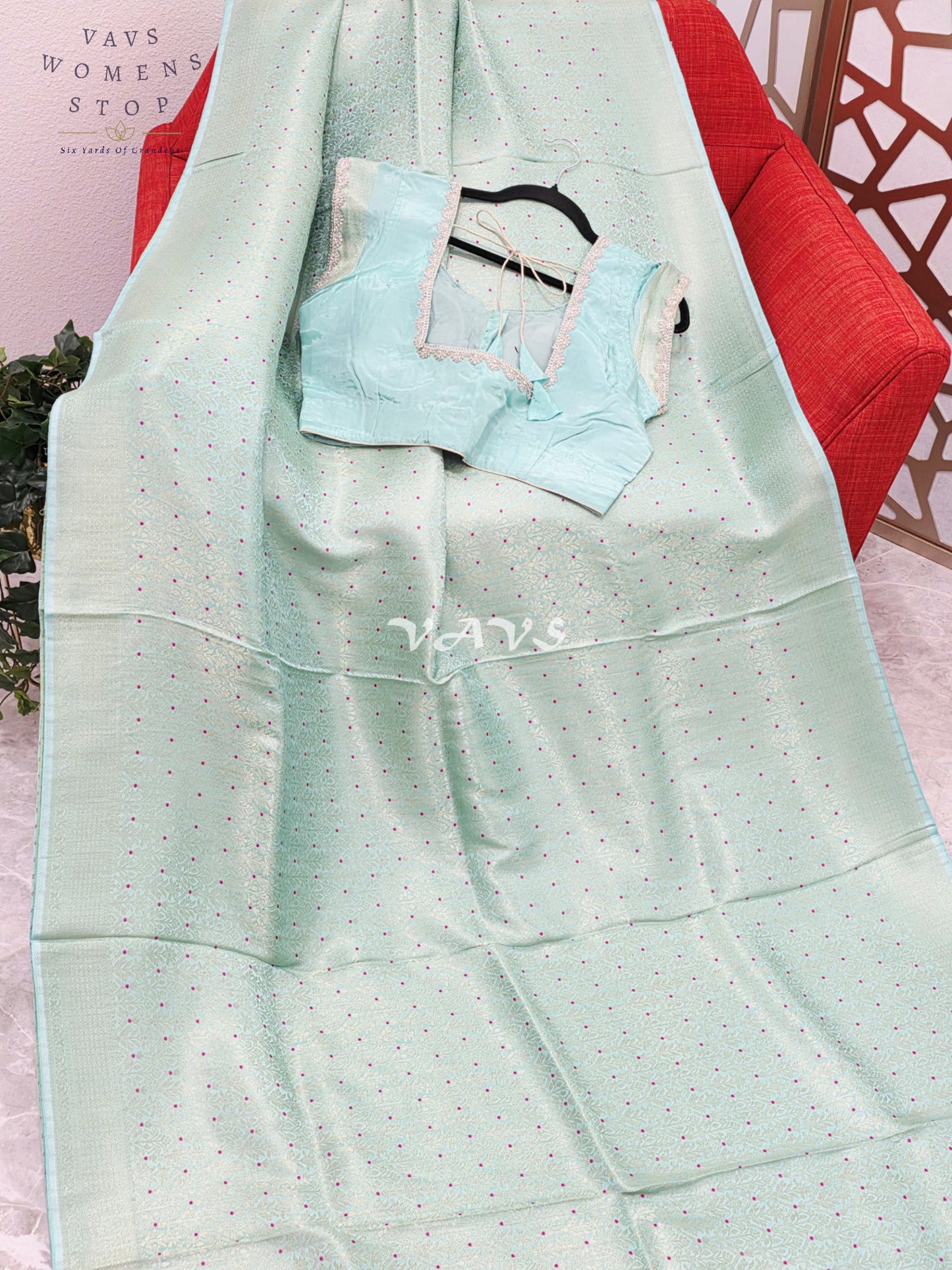 Pistachio Mint H.O Crepe Silk Saree with Magenta Micro-Dot Design & Designer Stitched Blouse Size 42–48