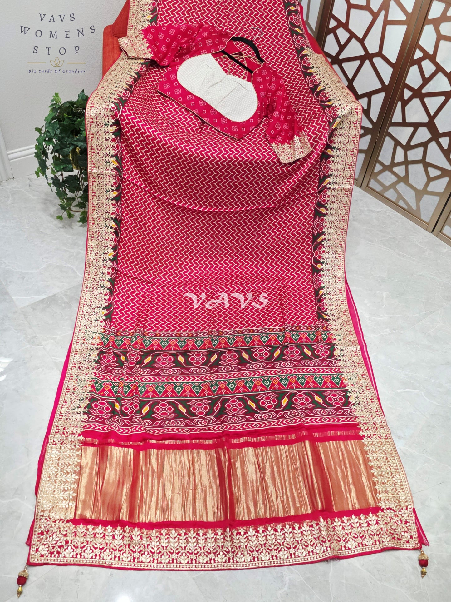 Royal Ruby Red Pure Gaji Silk Ajrakh Print Saree with Gold Gota Patti Border & Designer Blouse Size 38–44