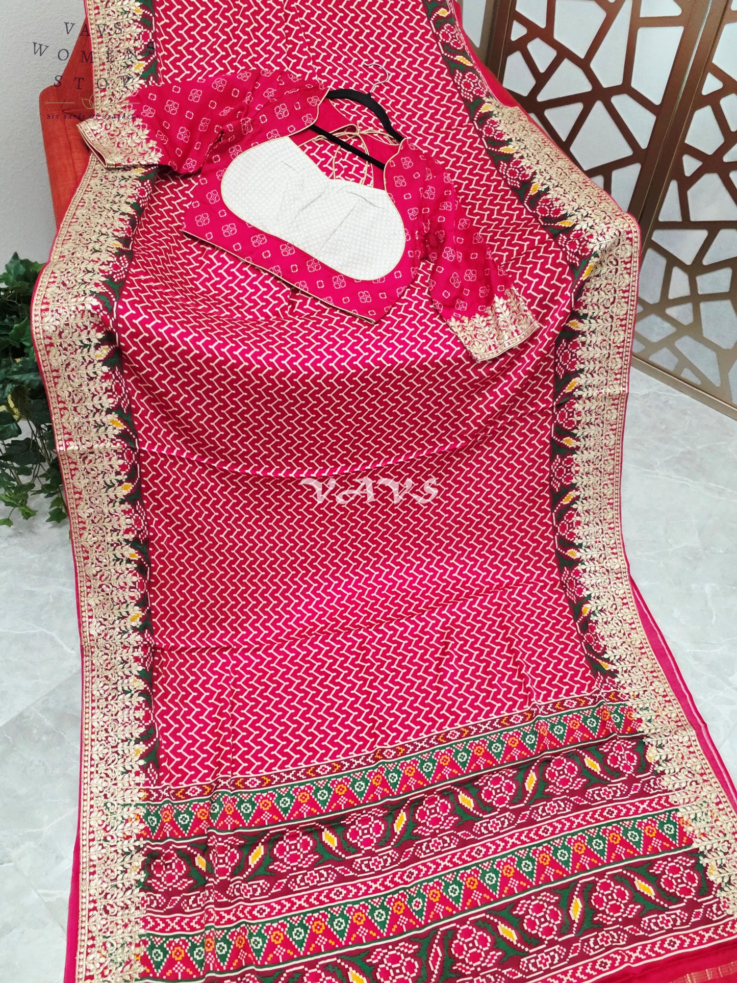 Royal Ruby Red Pure Gaji Silk Ajrakh Print Saree with Gold Gota Patti Border & Designer Blouse Size 38–44