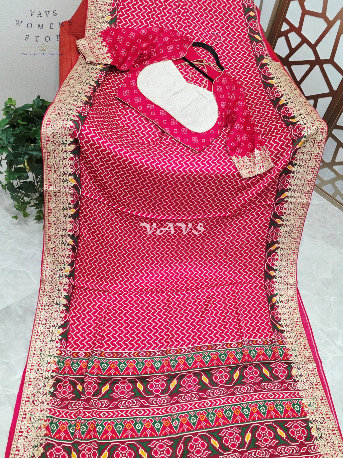 Royal Ruby Red Pure Gaji Silk Ajrakh Print Saree with Gold Gota Patti Border & Designer Blouse Size 38–44