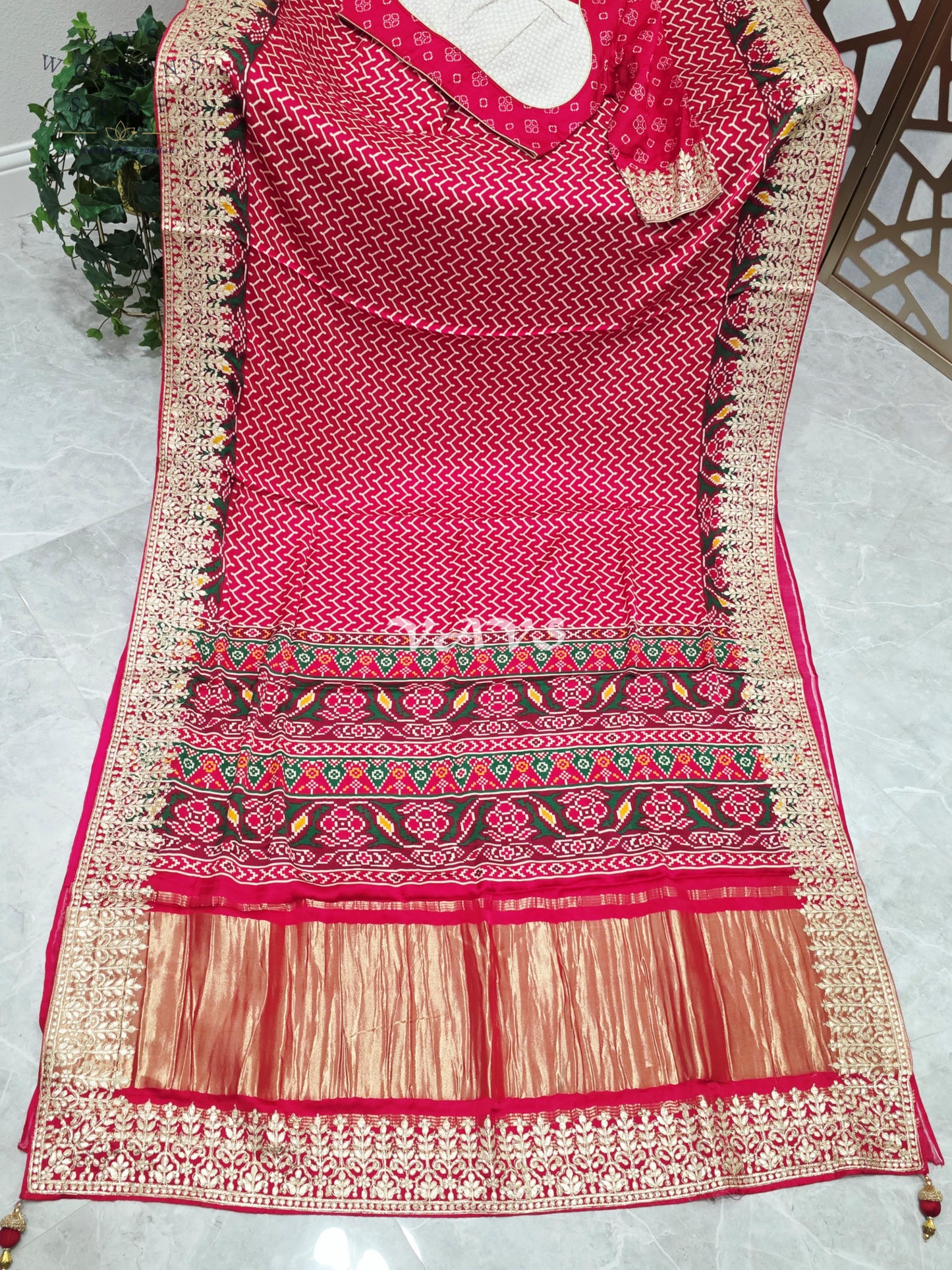 Royal Ruby Red Pure Gaji Silk Ajrakh Print Saree with Gold Gota Patti Border & Designer Blouse Size 38–44