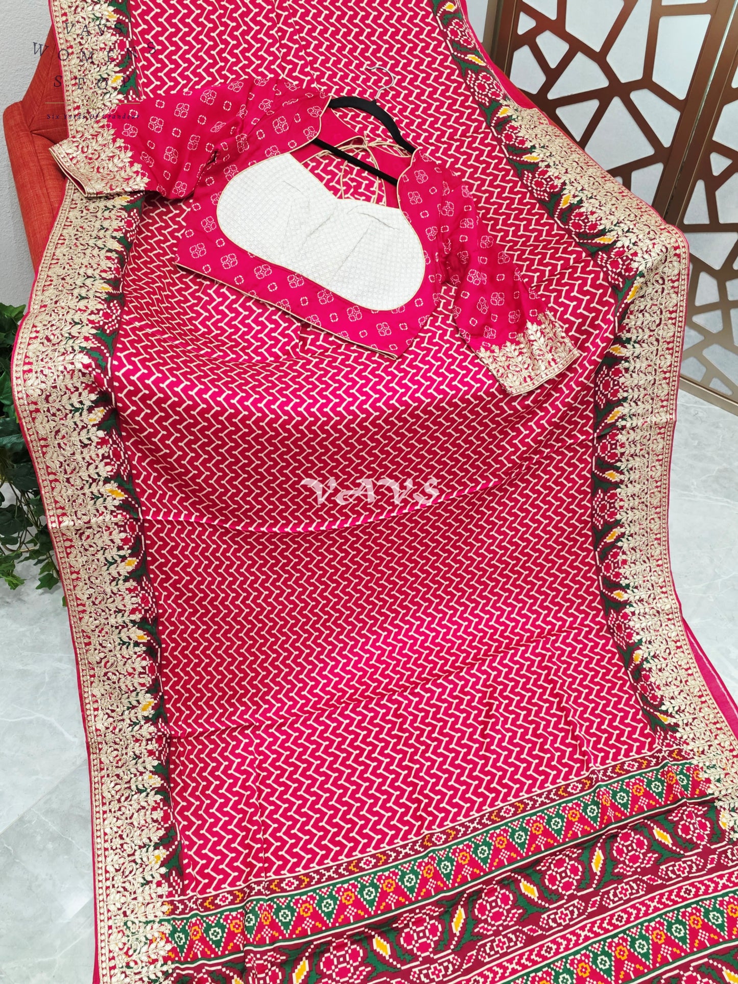 Royal Ruby Red Pure Gaji Silk Ajrakh Print Saree with Gold Gota Patti Border & Designer Blouse Size 38–44