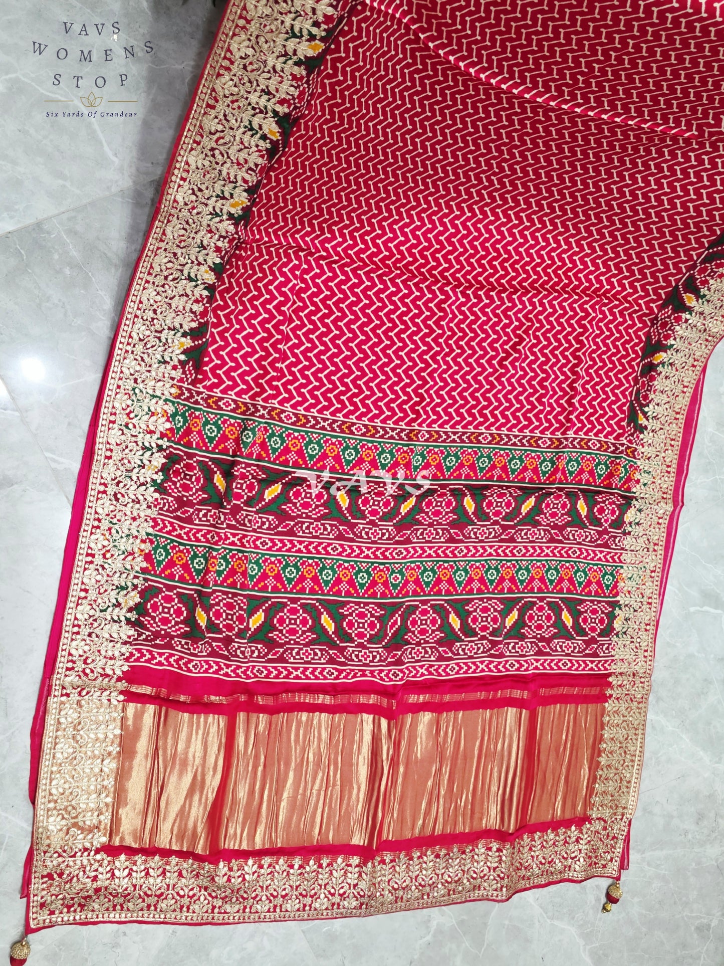 Royal Ruby Red Pure Gaji Silk Ajrakh Print Saree with Gold Gota Patti Border & Designer Blouse Size 38–44