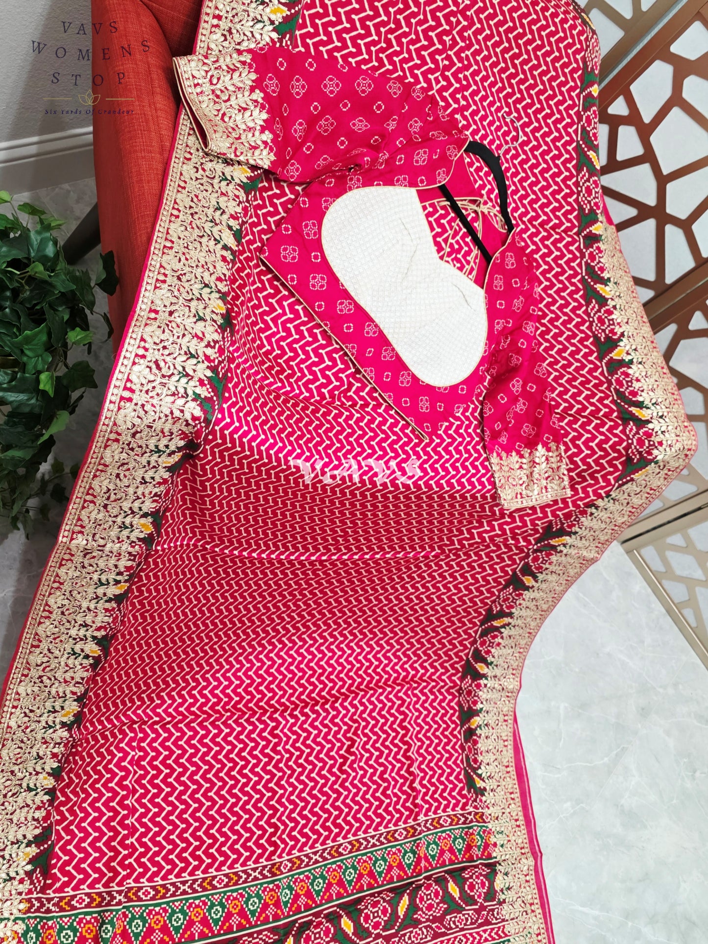 Royal Ruby Red Pure Gaji Silk Ajrakh Print Saree with Gold Gota Patti Border & Designer Blouse Size 38–44