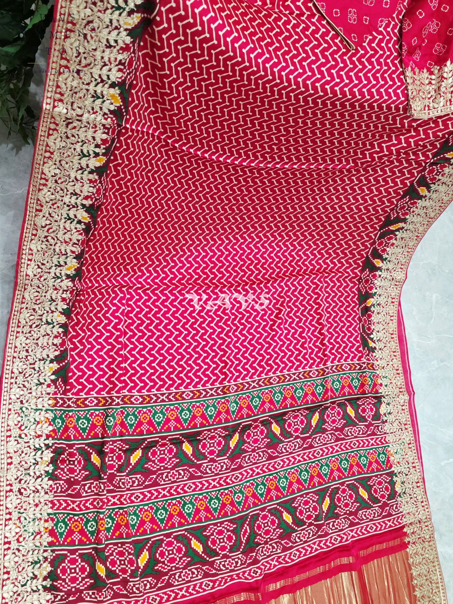 Royal Ruby Red Pure Gaji Silk Ajrakh Print Saree with Gold Gota Patti Border & Designer Blouse Size 38–44