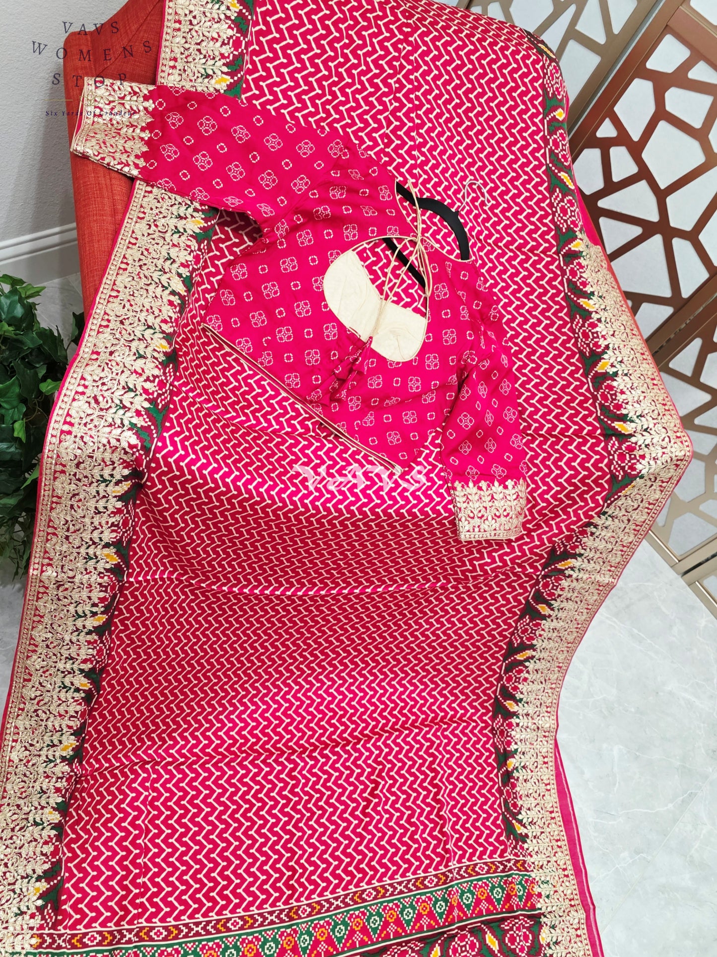 Royal Ruby Red Pure Gaji Silk Ajrakh Print Saree with Gold Gota Patti Border & Designer Blouse Size 38–44