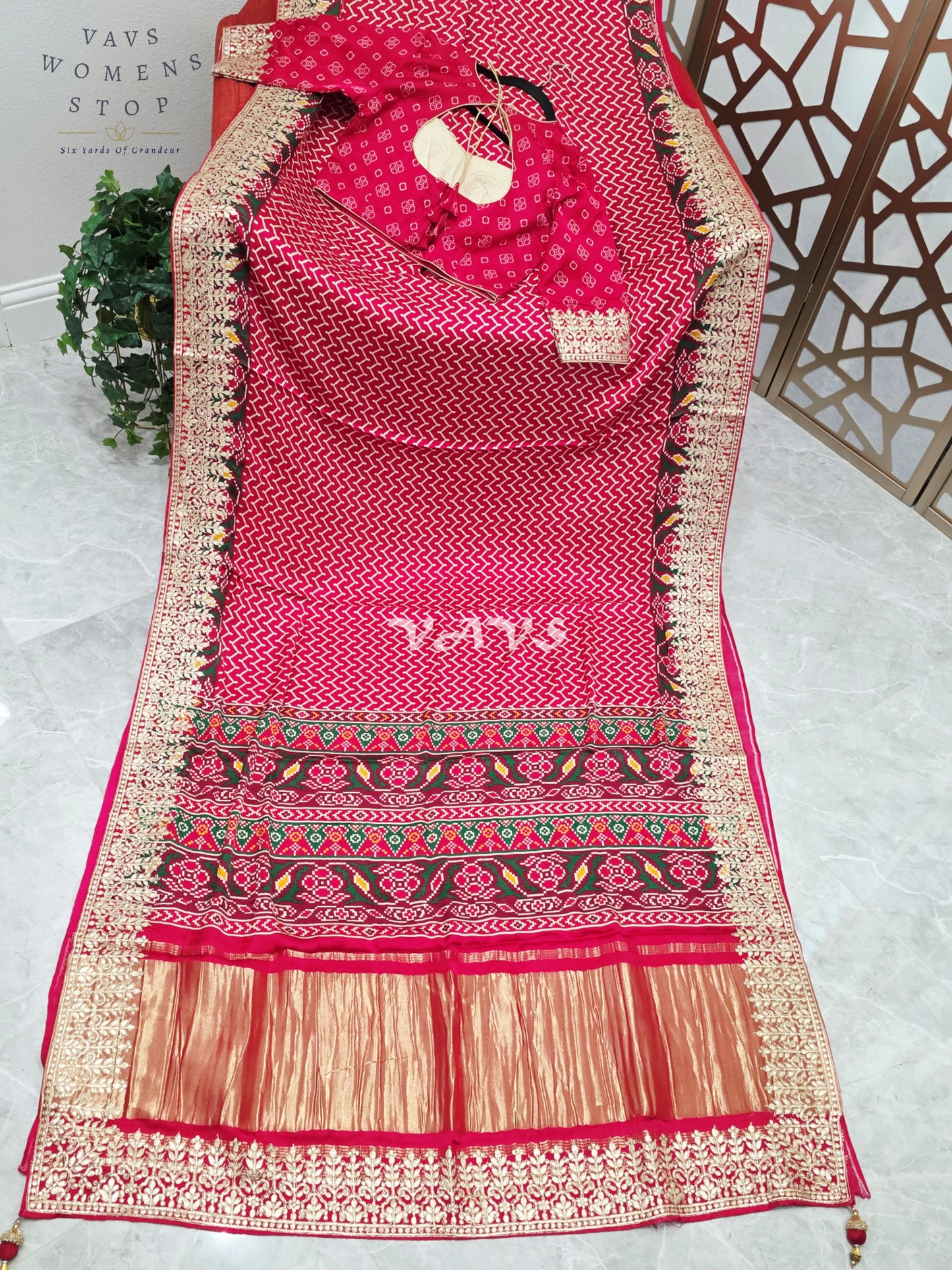 Royal Ruby Red Pure Gaji Silk Ajrakh Print Saree with Gold Gota Patti Border & Designer Blouse Size 38–44