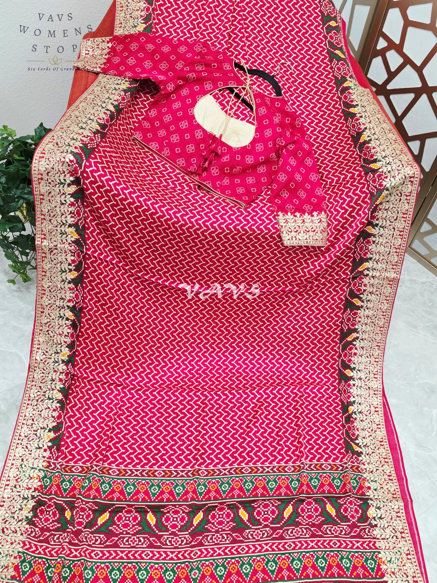 Royal Ruby Red Pure Gaji Silk Ajrakh Print Saree with Gold Gota Patti Border & Designer Blouse Size 38–44