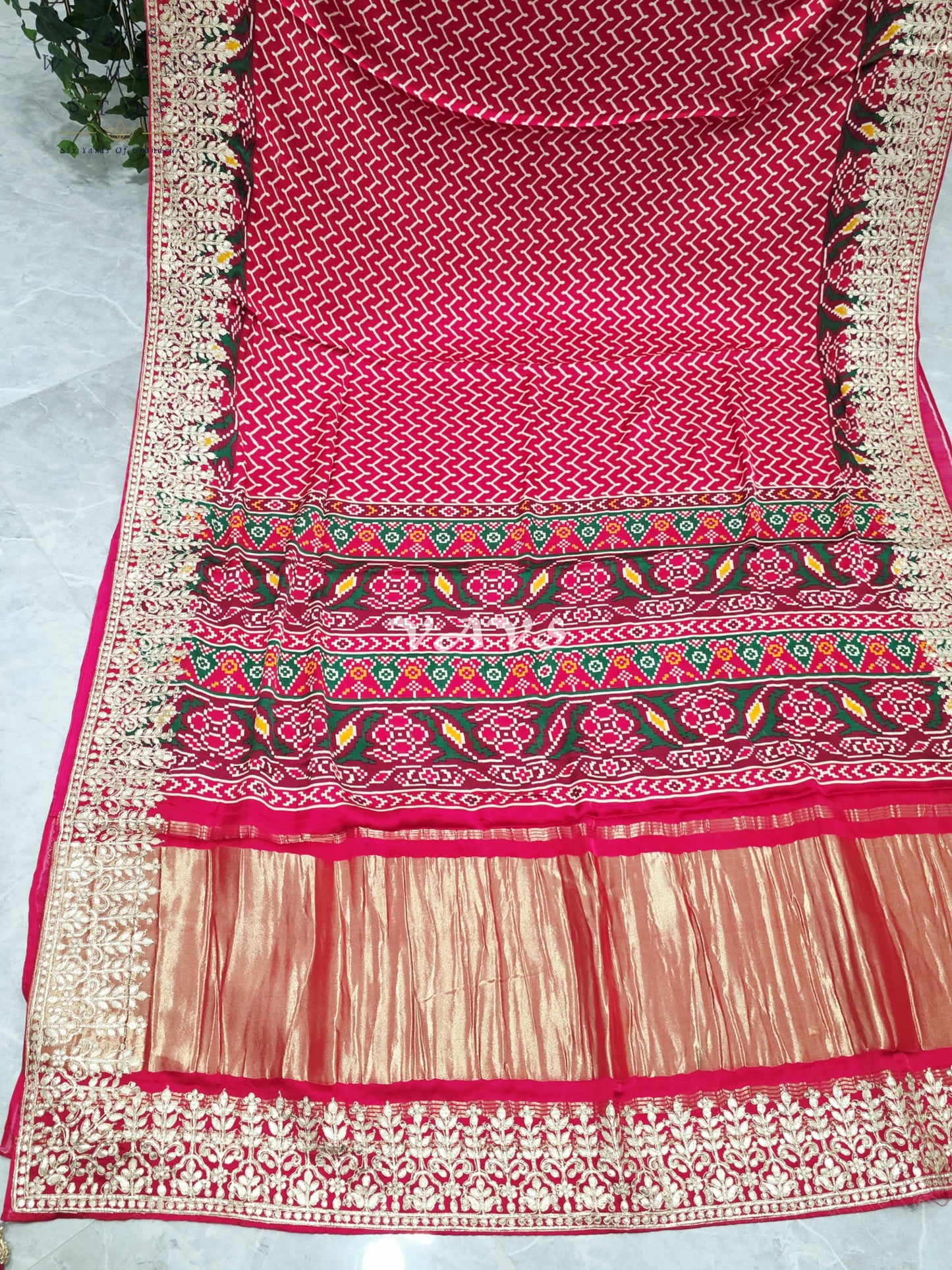 Royal Ruby Red Pure Gaji Silk Ajrakh Print Saree with Gold Gota Patti Border & Designer Blouse Size 38–44