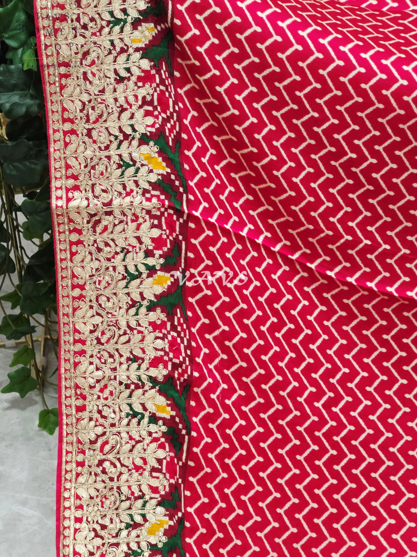 Royal Ruby Red Pure Gaji Silk Ajrakh Print Saree with Gold Gota Patti Border & Designer Blouse Size 38–44