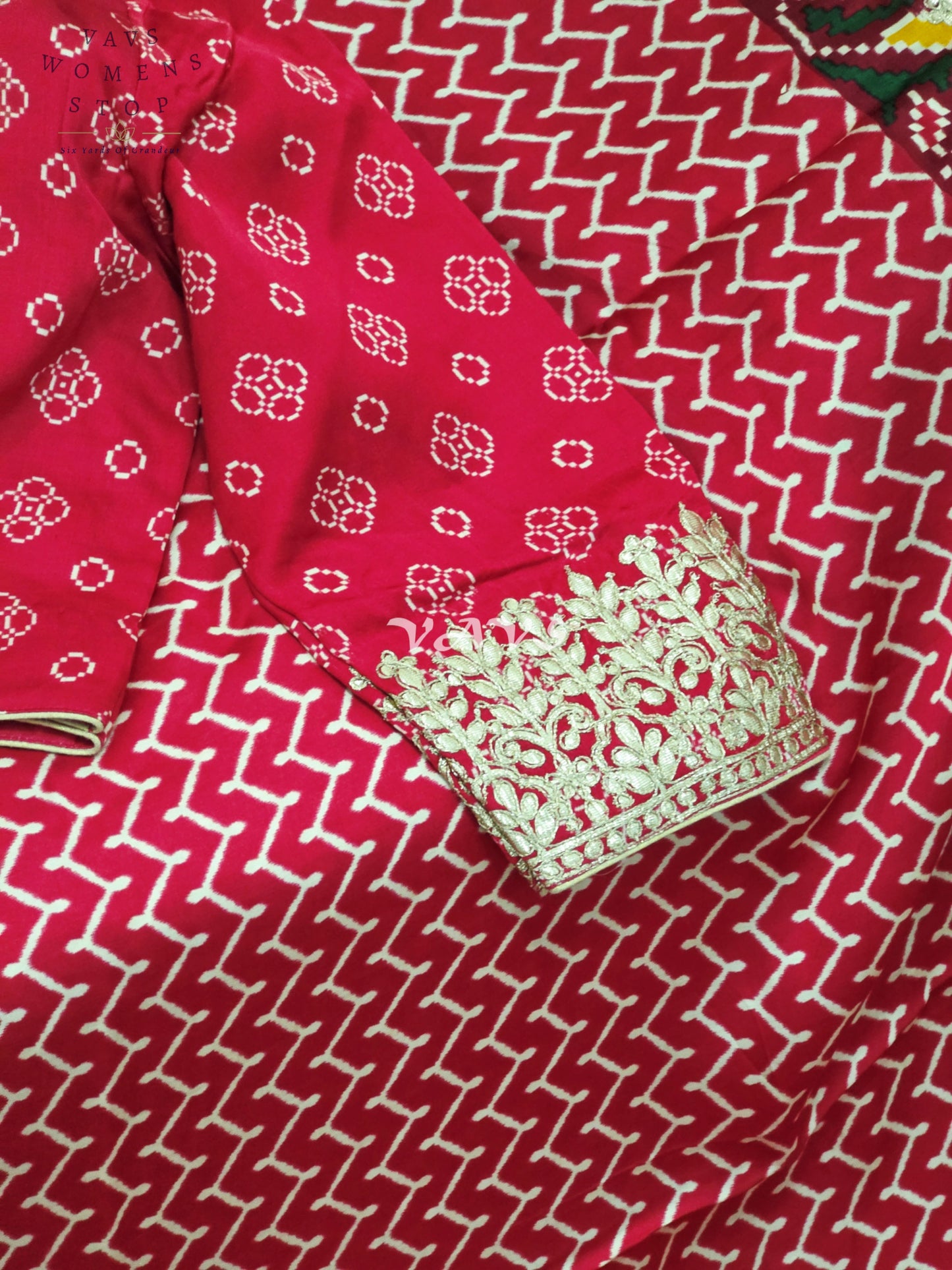 Royal Ruby Red Pure Gaji Silk Ajrakh Print Saree with Gold Gota Patti Border & Designer Blouse Size 38–44