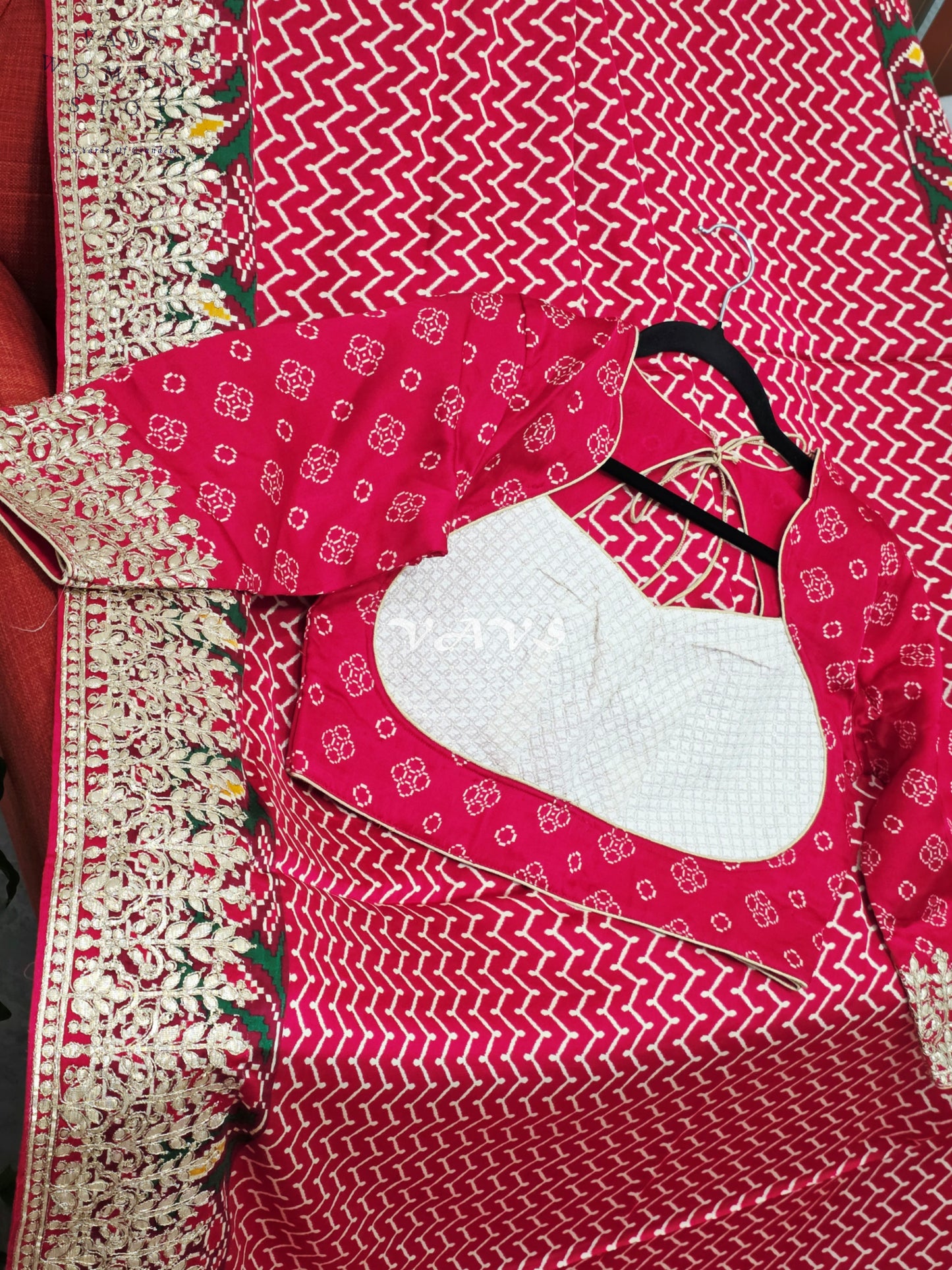 Royal Ruby Red Pure Gaji Silk Ajrakh Print Saree with Gold Gota Patti Border & Designer Blouse Size 38–44