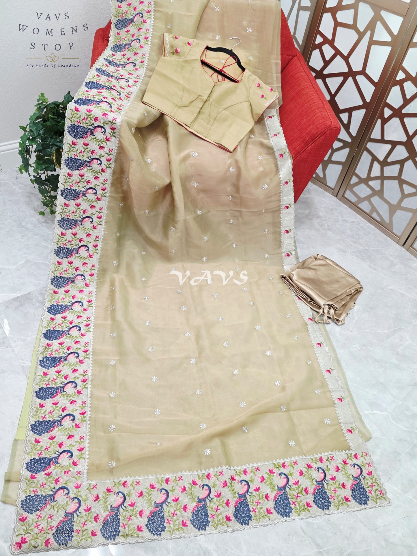 Champagne Gold Tissue Saree with Peacock Embroidered Border, Blouse Size 38-44 & Satin Petticoat