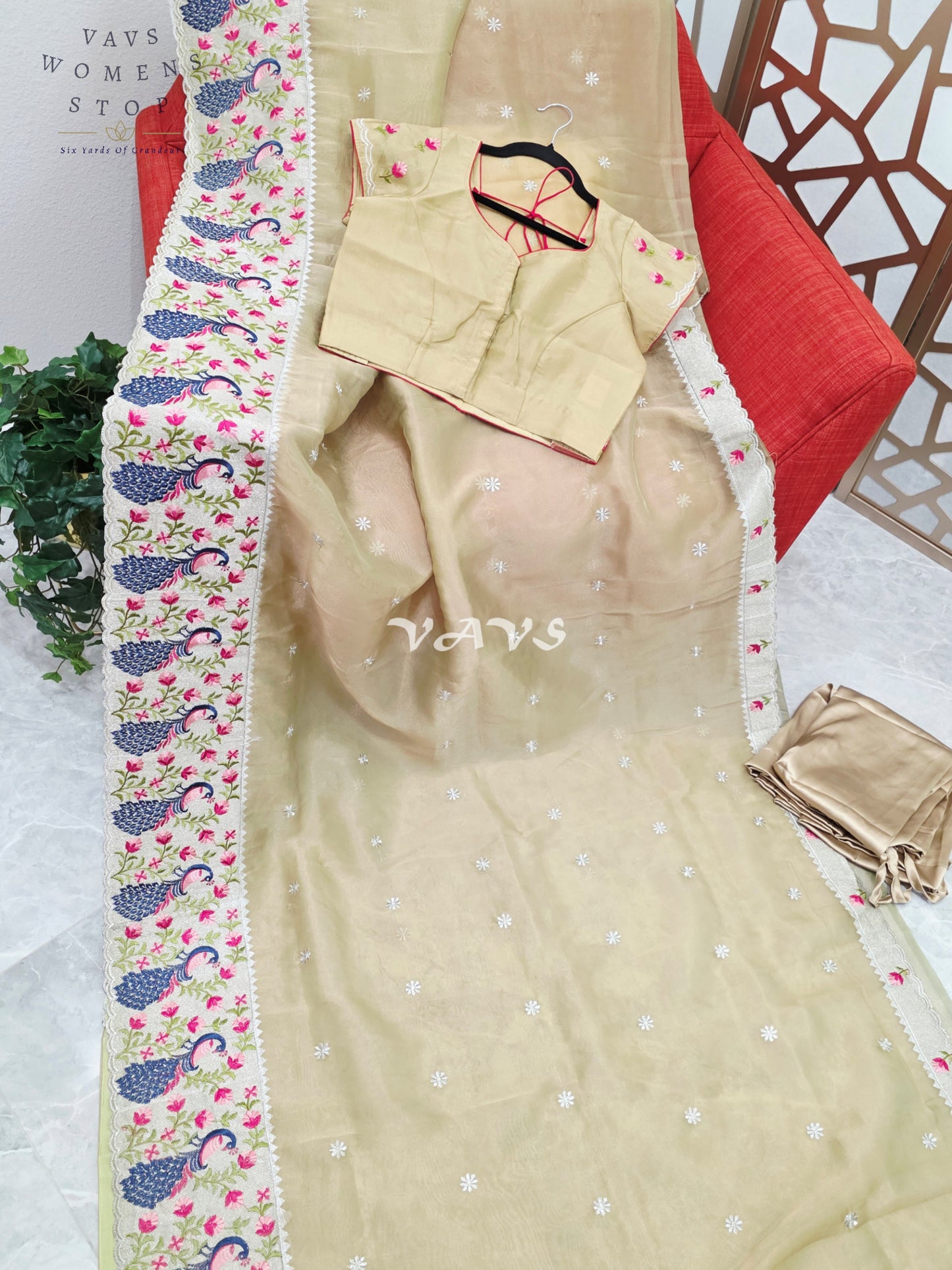 Champagne Gold Tissue Saree with Peacock Embroidered Border, Blouse Size 38-44 & Satin Petticoat