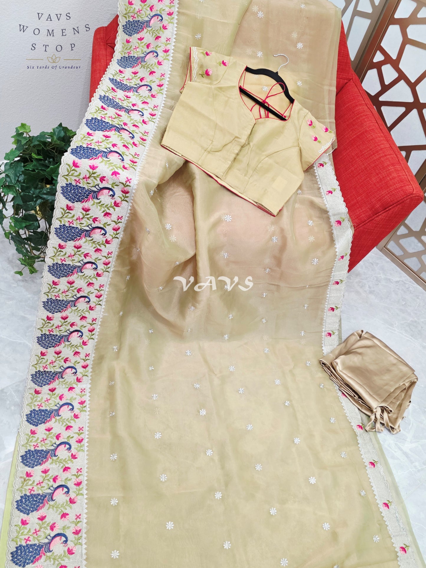 Champagne Gold Tissue Saree with Peacock Embroidered Border, Blouse Size 38-44 & Satin Petticoat