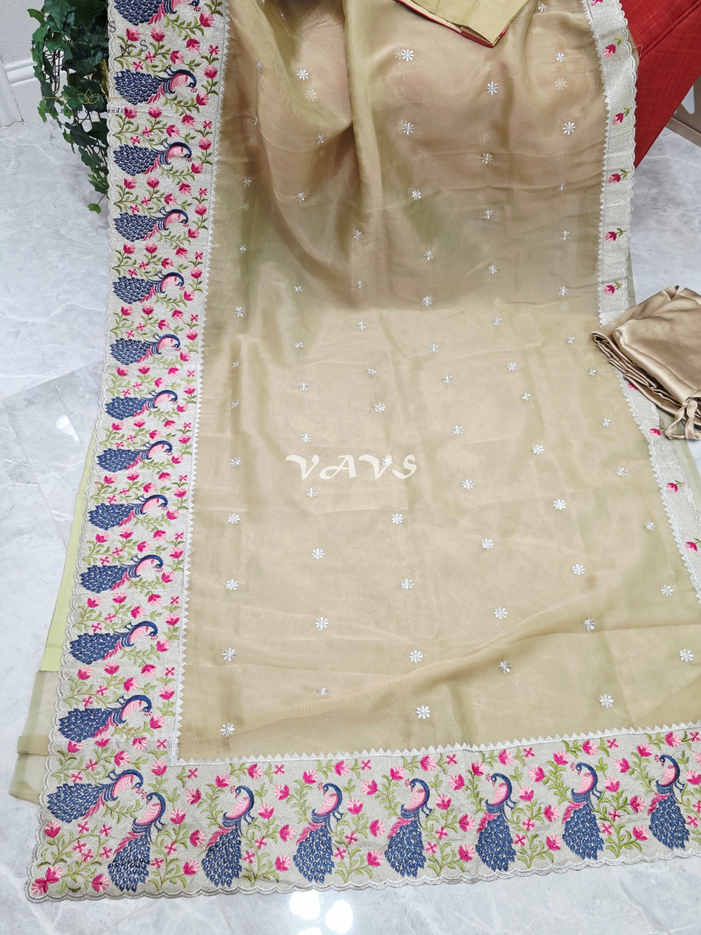 Champagne Gold Tissue Saree with Peacock Embroidered Border, Blouse Size 38-44 & Satin Petticoat