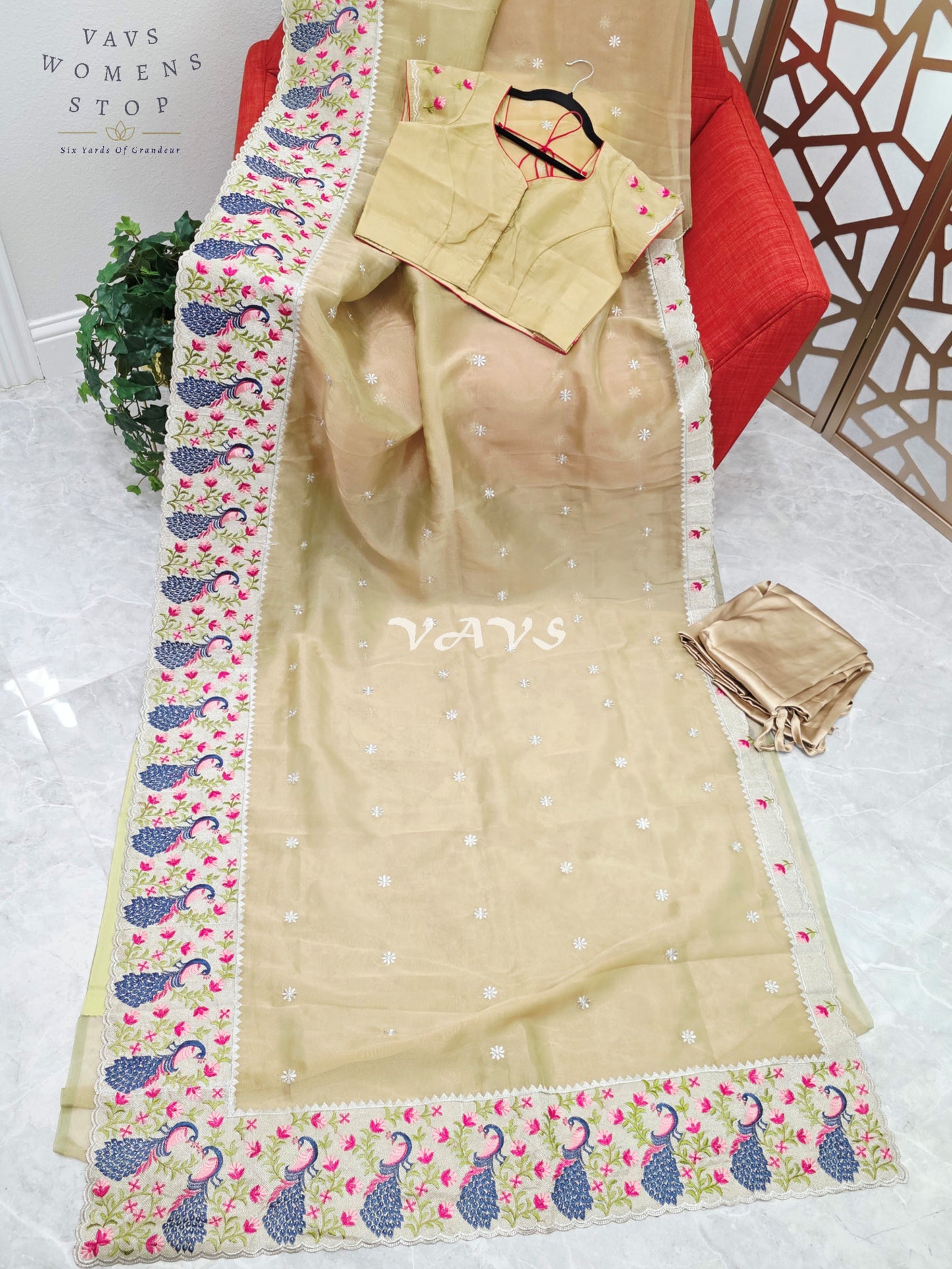 Champagne Gold Tissue Saree with Peacock Embroidered Border, Blouse Size 38-44 & Satin Petticoat