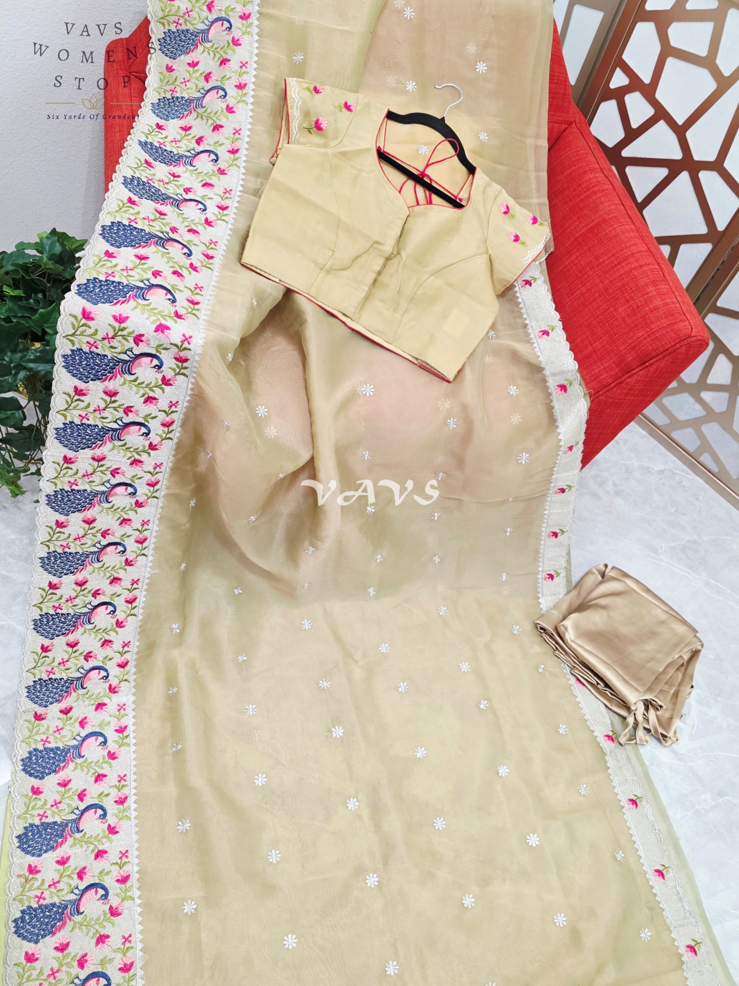 Champagne Gold Tissue Saree with Peacock Embroidered Border, Blouse Size 38-44 & Satin Petticoat