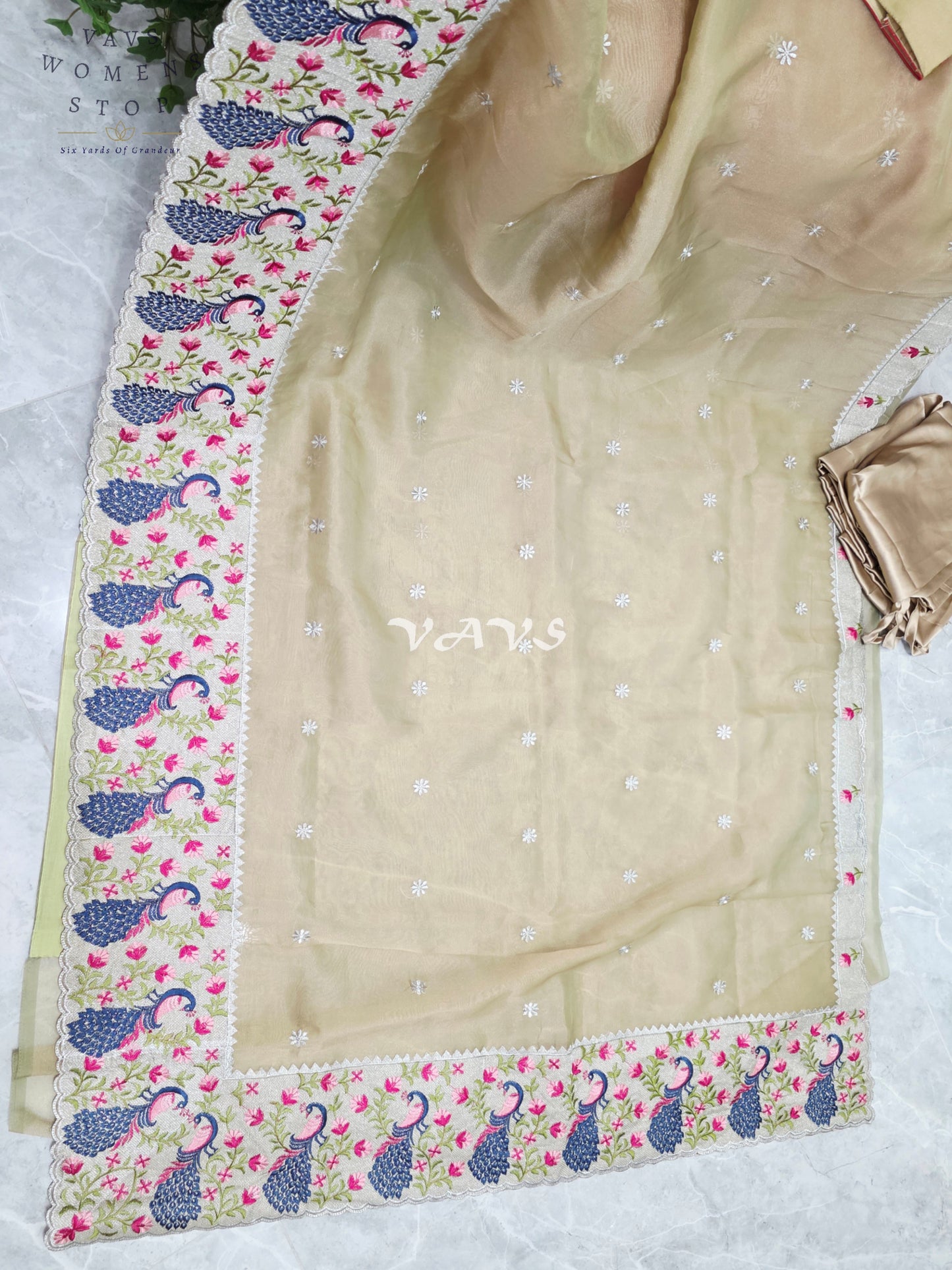 Champagne Gold Tissue Saree with Peacock Embroidered Border, Blouse Size 38-44 & Satin Petticoat