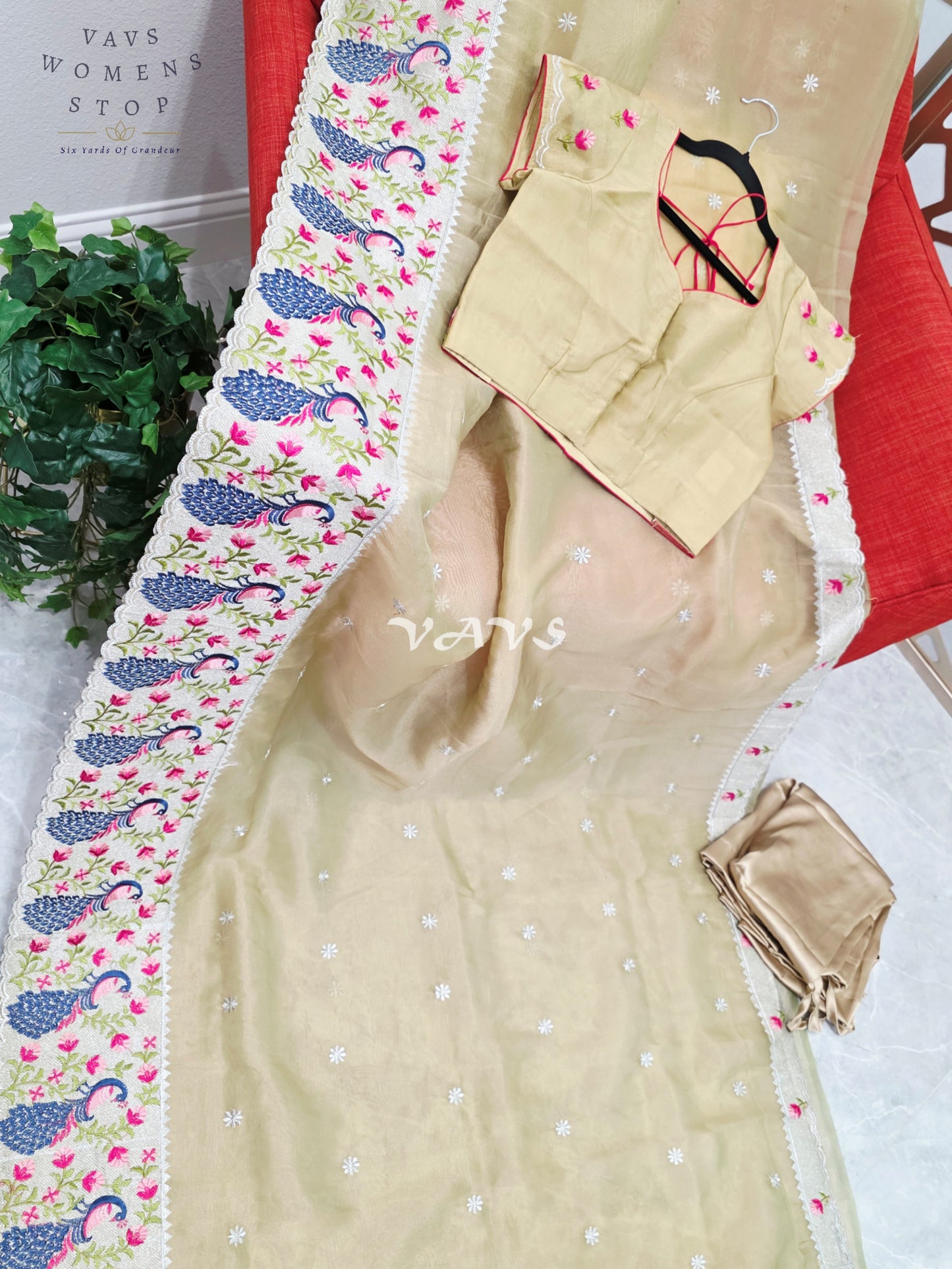 Champagne Gold Tissue Saree with Peacock Embroidered Border, Blouse Size 38-44 & Satin Petticoat