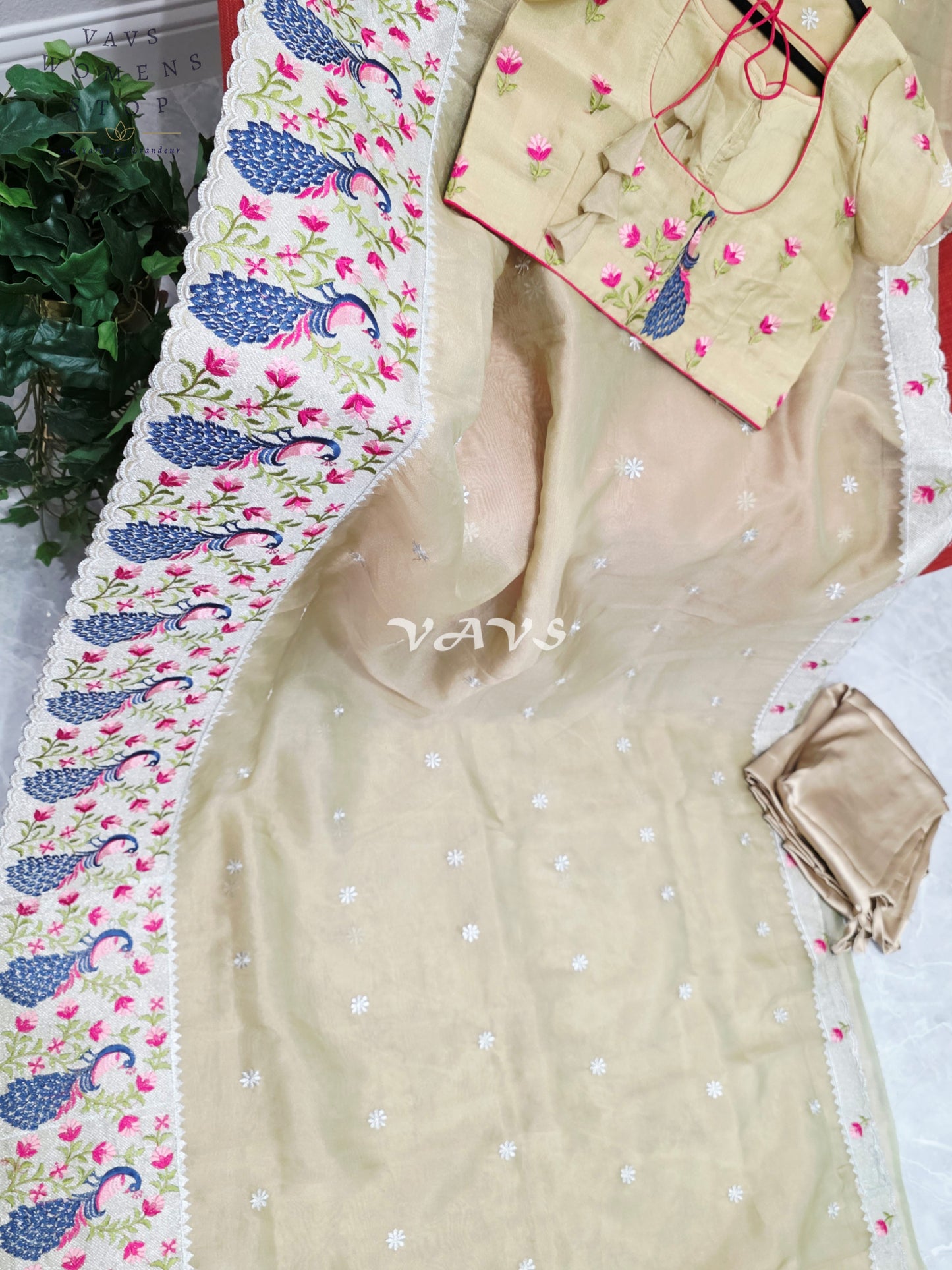 Champagne Gold Tissue Saree with Peacock Embroidered Border, Blouse Size 38-44 & Satin Petticoat