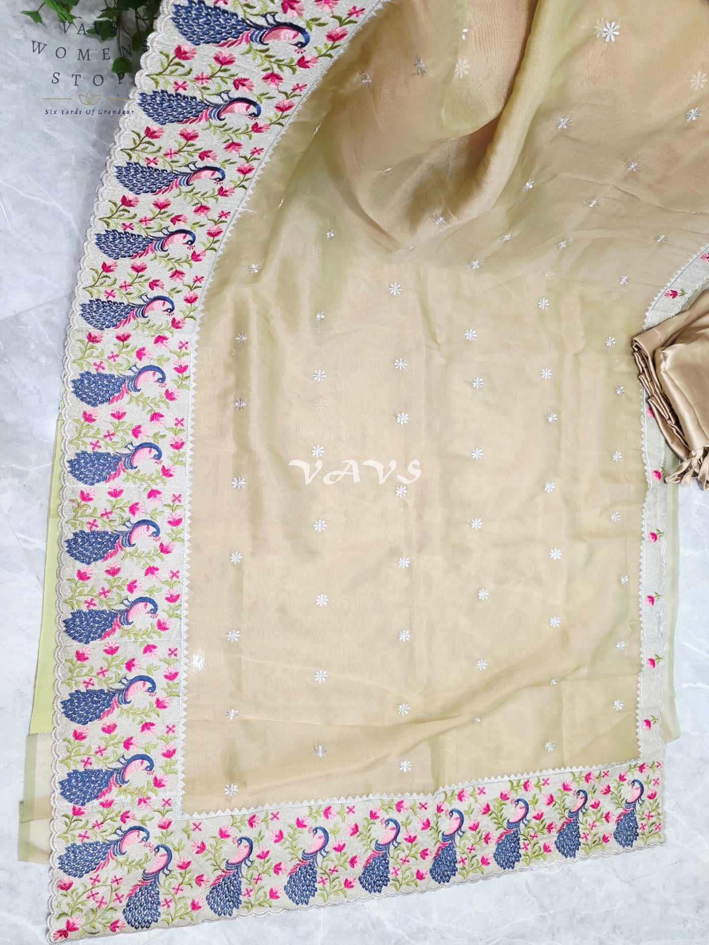 Champagne Gold Tissue Saree with Peacock Embroidered Border, Blouse Size 38-44 & Satin Petticoat