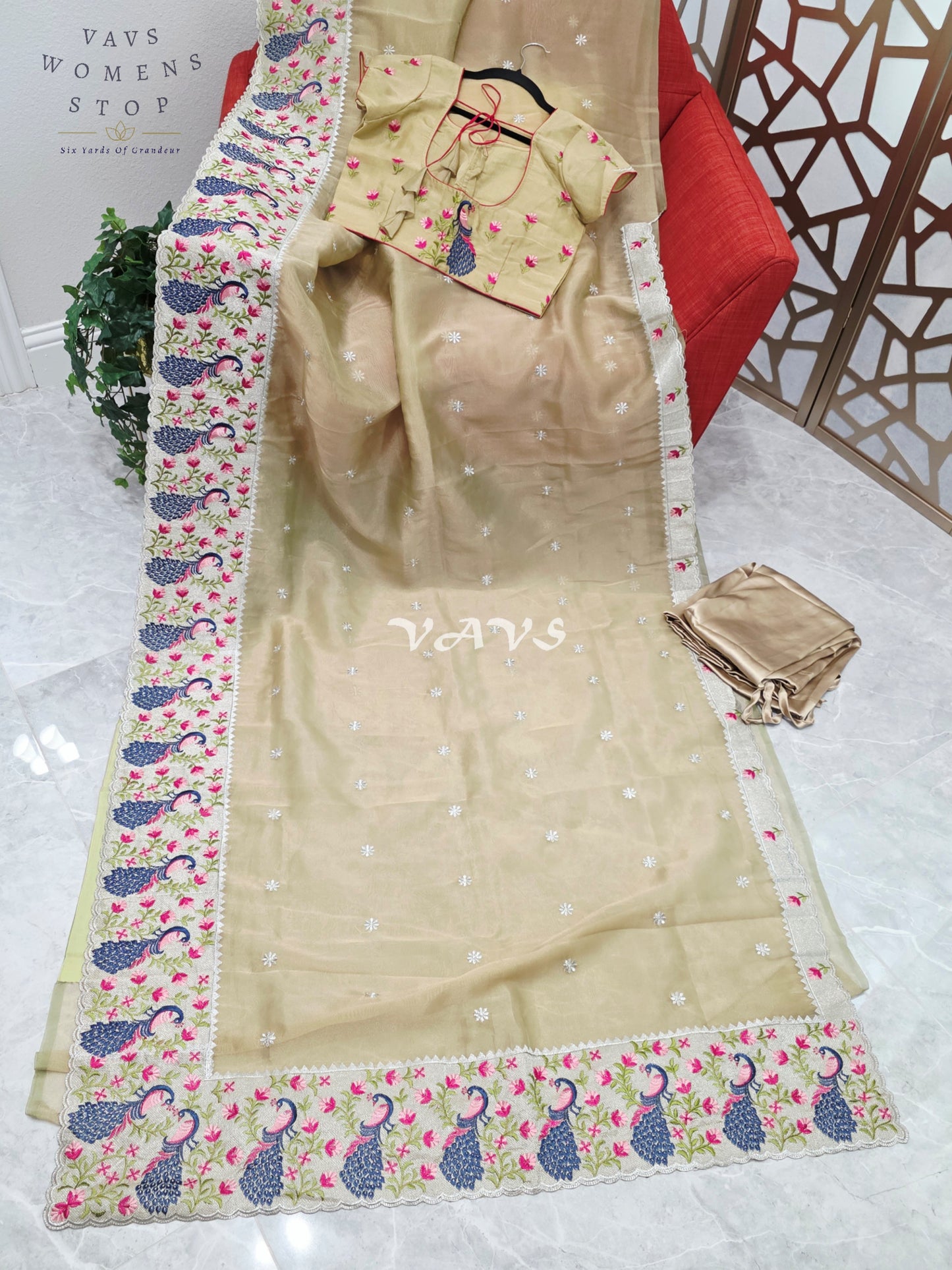 Champagne Gold Tissue Saree with Peacock Embroidered Border, Blouse Size 38-44 & Satin Petticoat